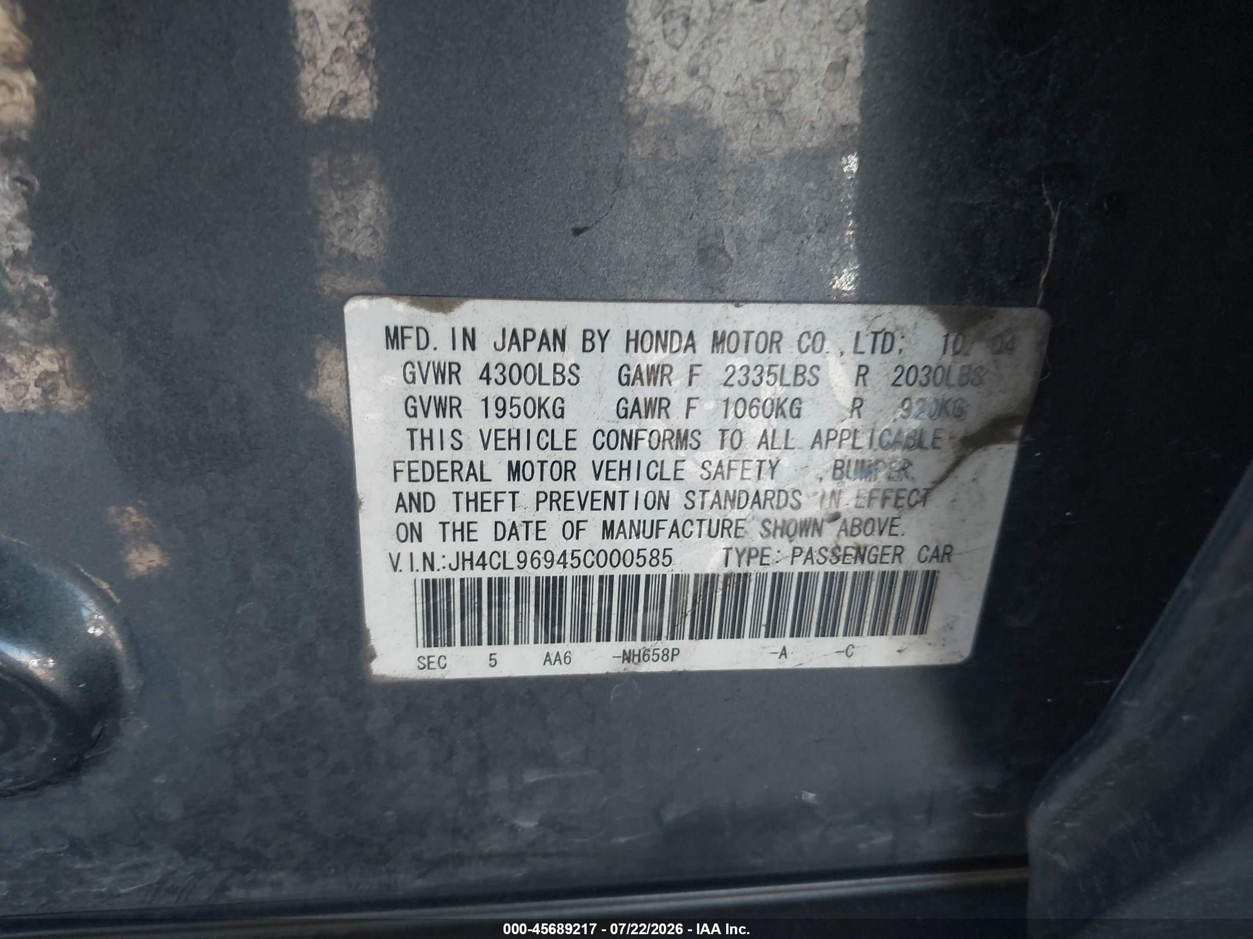 2005 Acura Tsx   Gray vin: JH4CL96945C000585