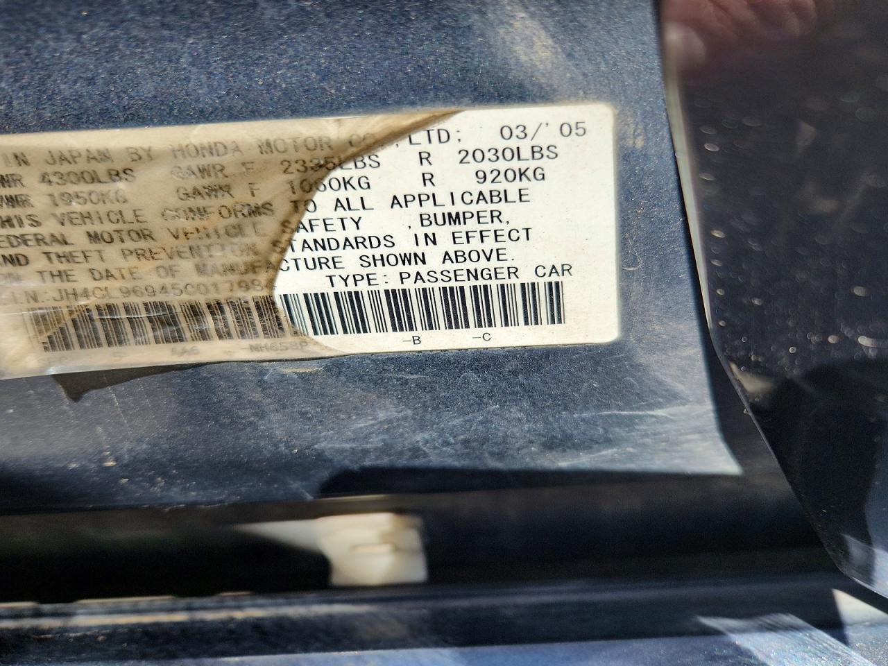 2005 Acura Tsx Charcoal vin: JH4CL96945C017984