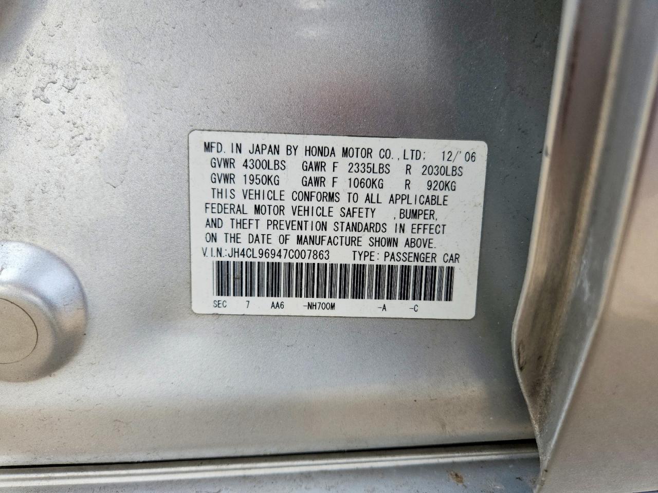 2007 Acura Tsx Silver vin: JH4CL96947C007863