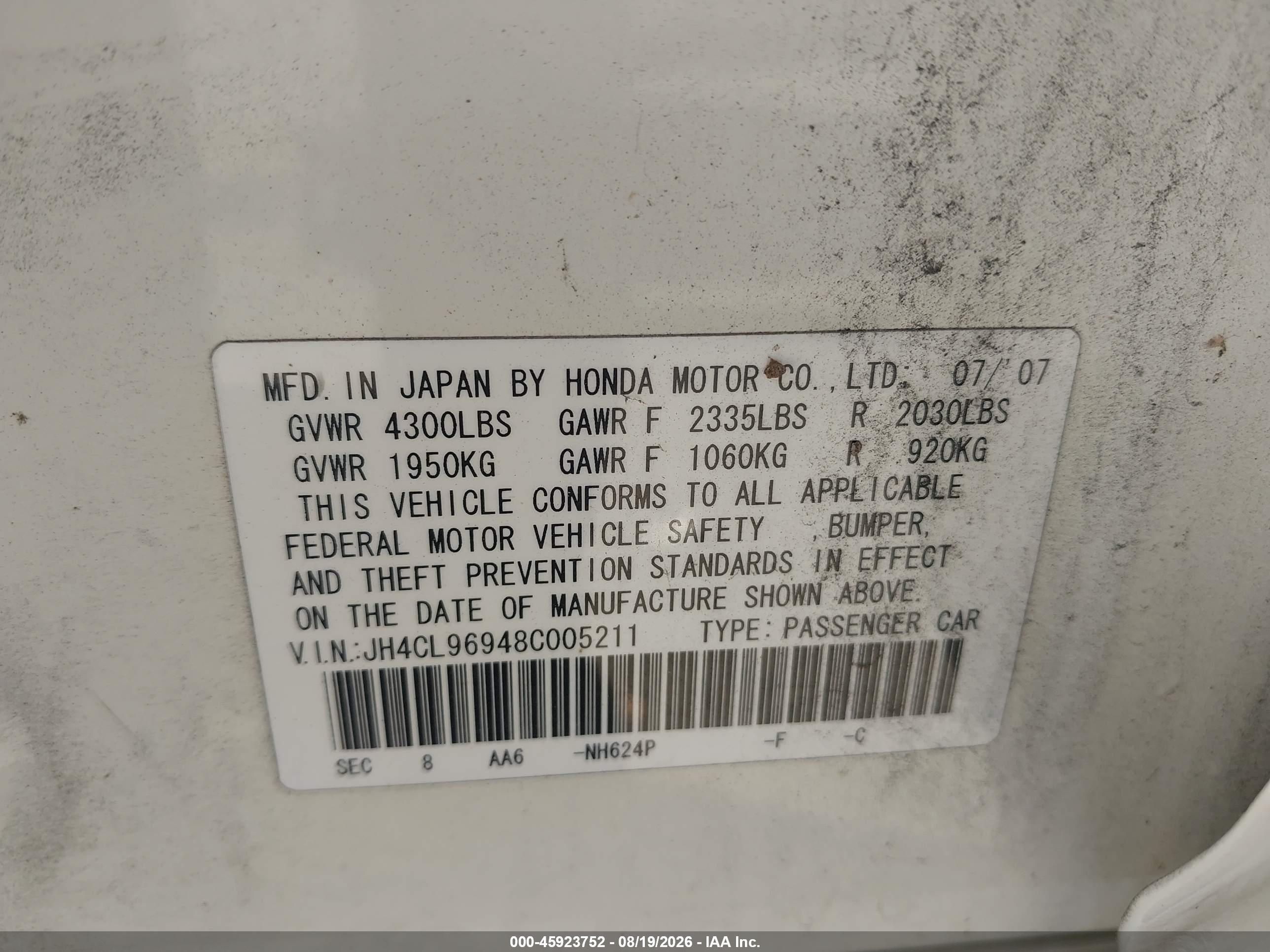 2008 Acura Tsx   Белый vin: JH4CL96948C005211