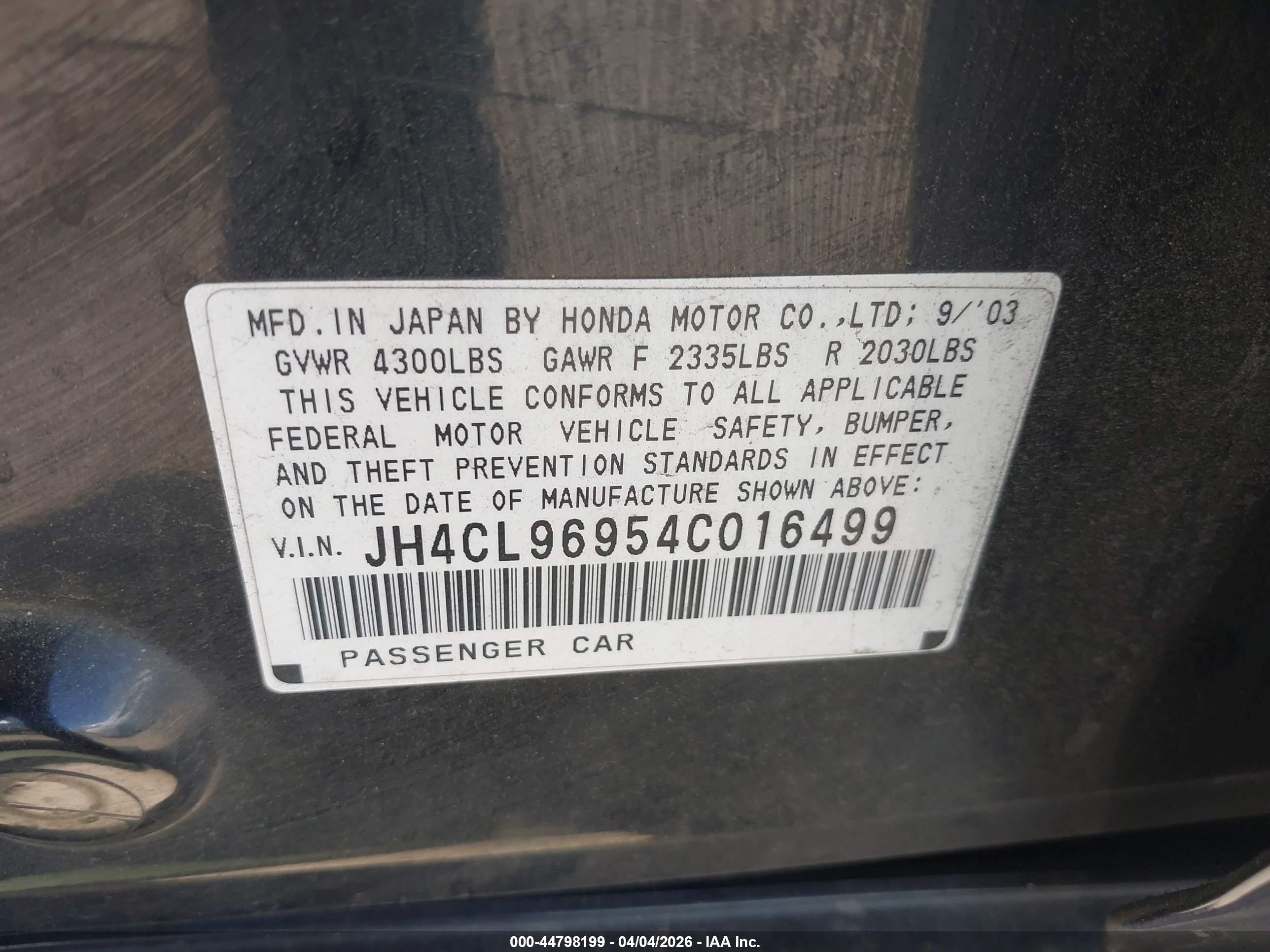 2004 Acura Tsx   Gray vin: JH4CL96954C016499