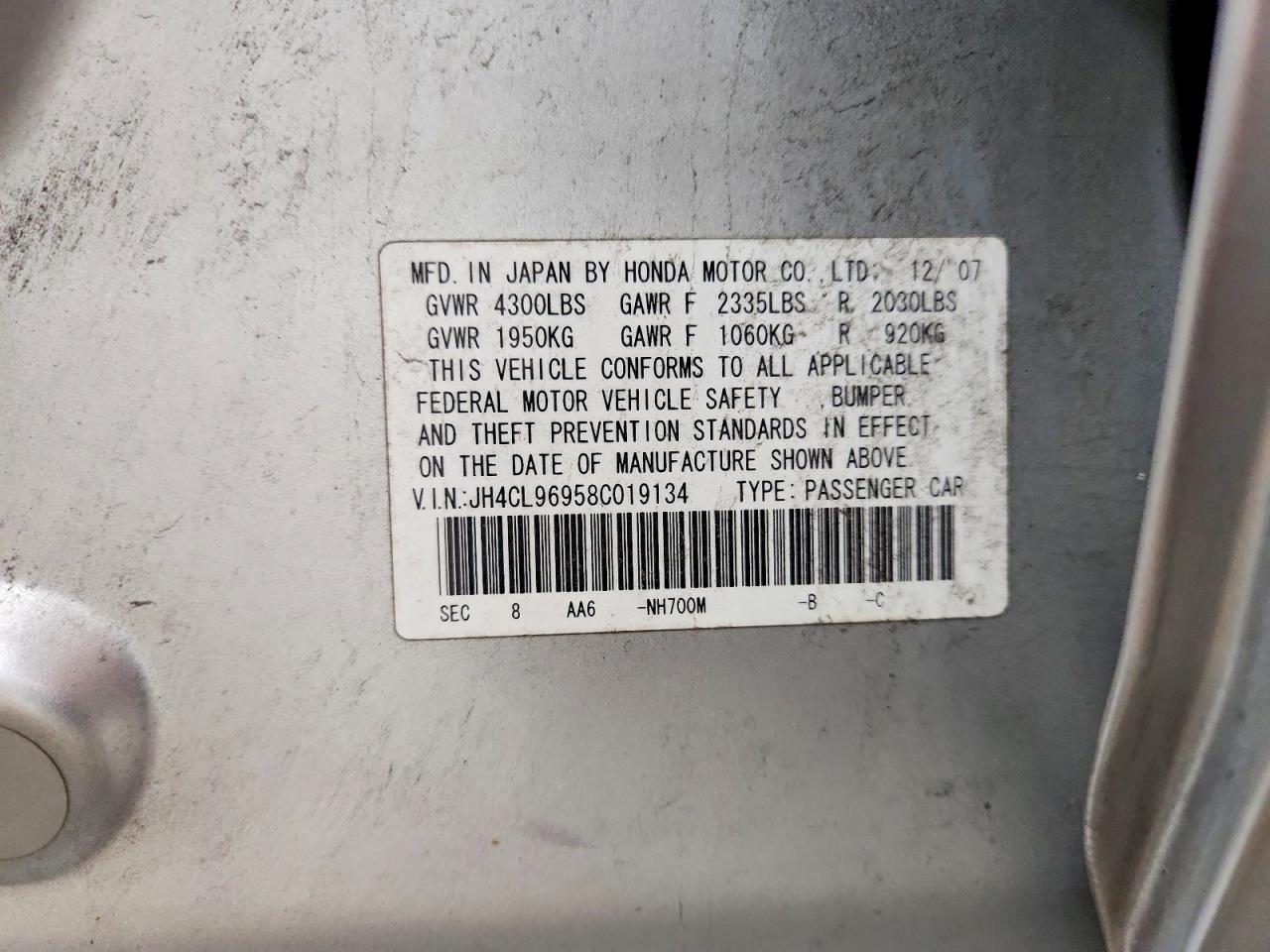 2008 Acura Tsx Silver vin: JH4CL96958C019134