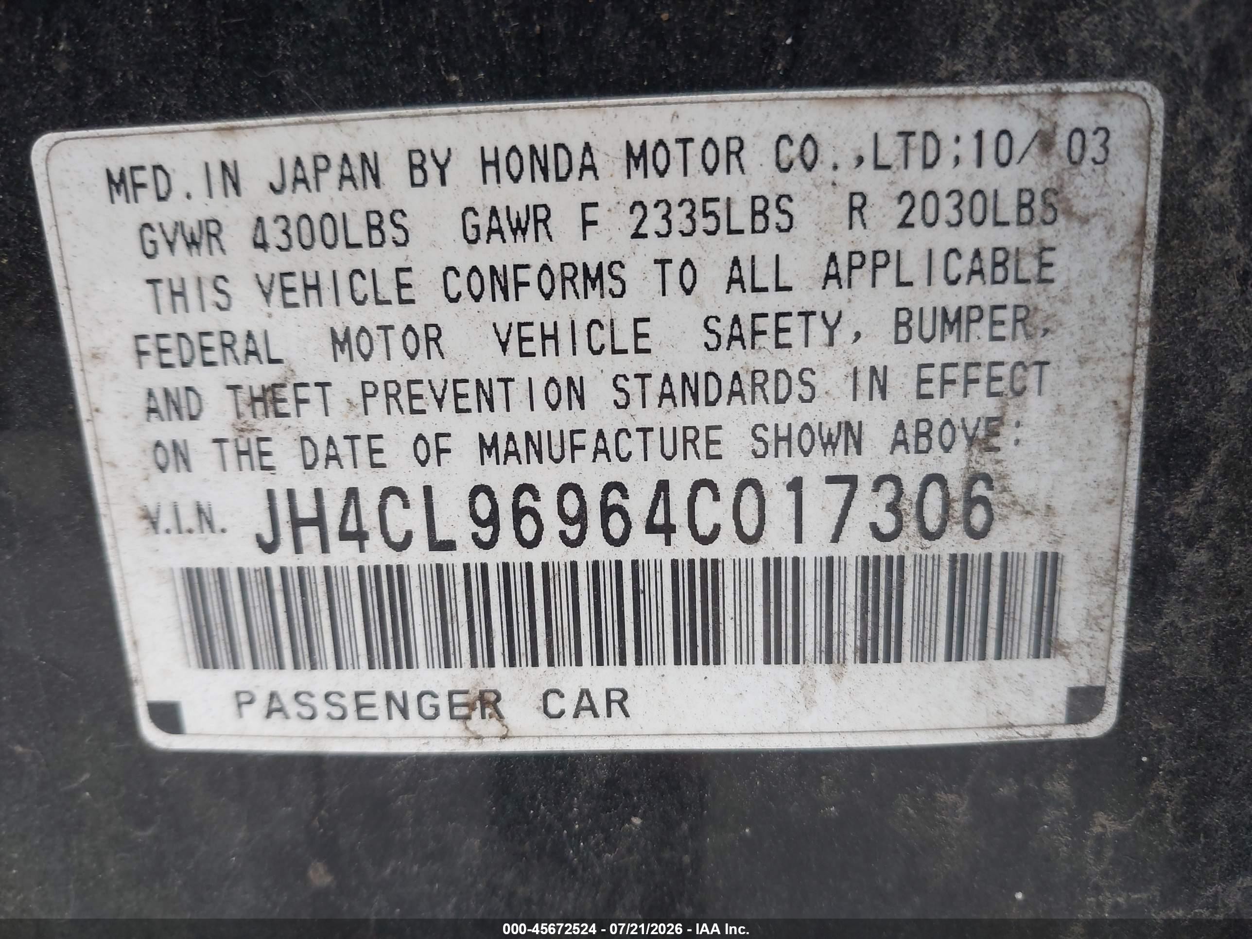 2004 Acura Tsx   Black vin: JH4CL96964C017306