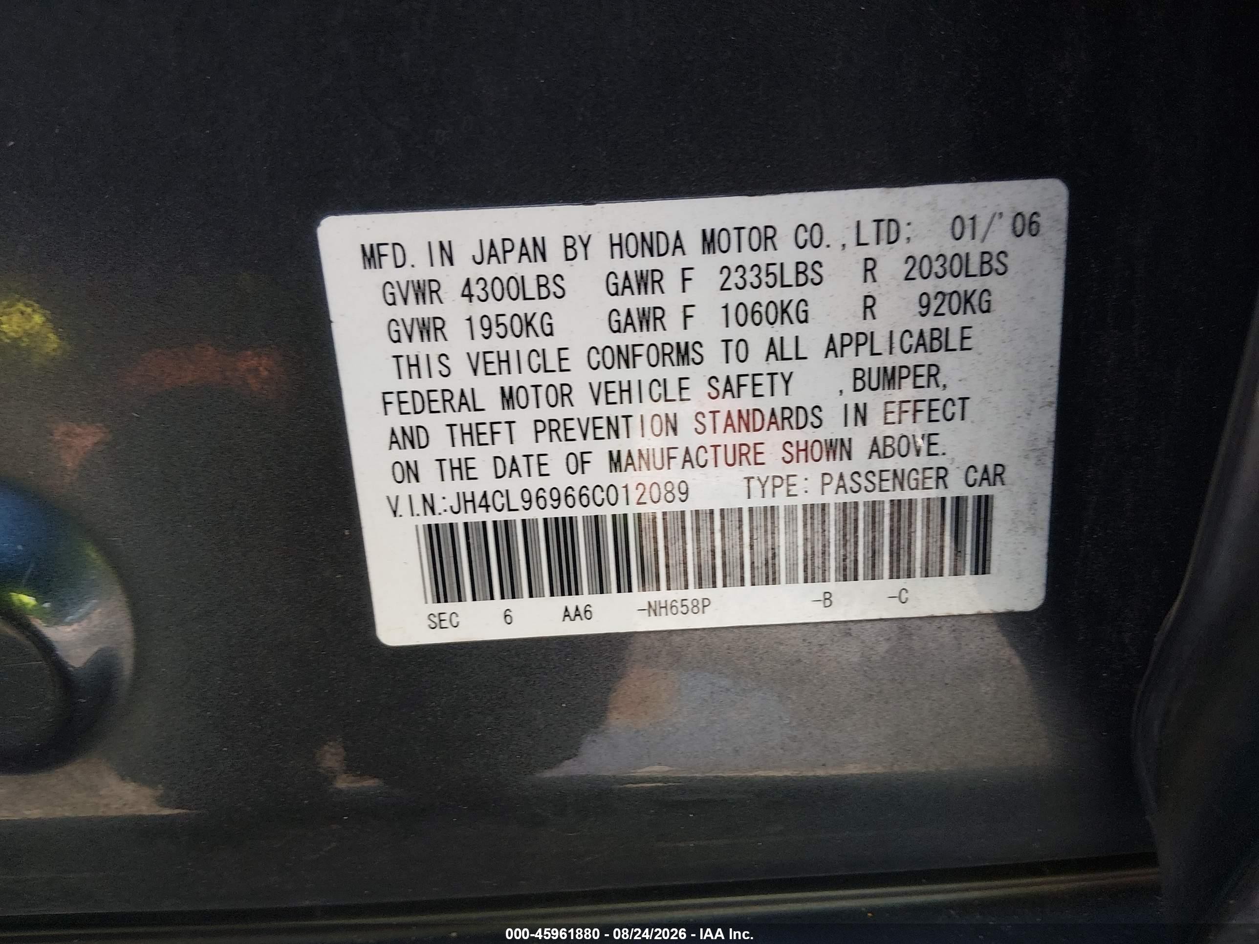 2006 Acura Tsx   Gray vin: JH4CL96966C012089