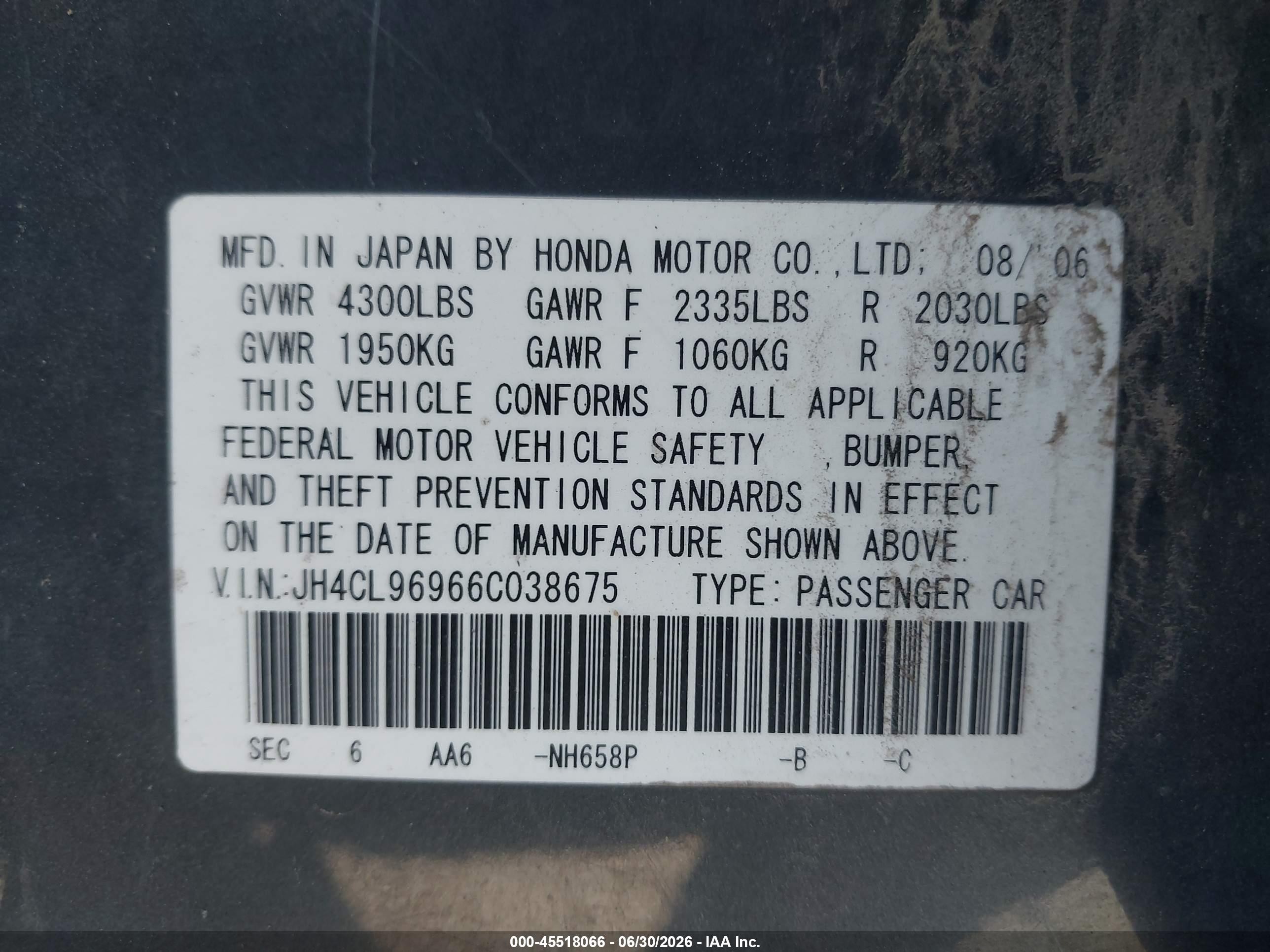 2006 Acura Tsx   Gray vin: JH4CL96966C038675