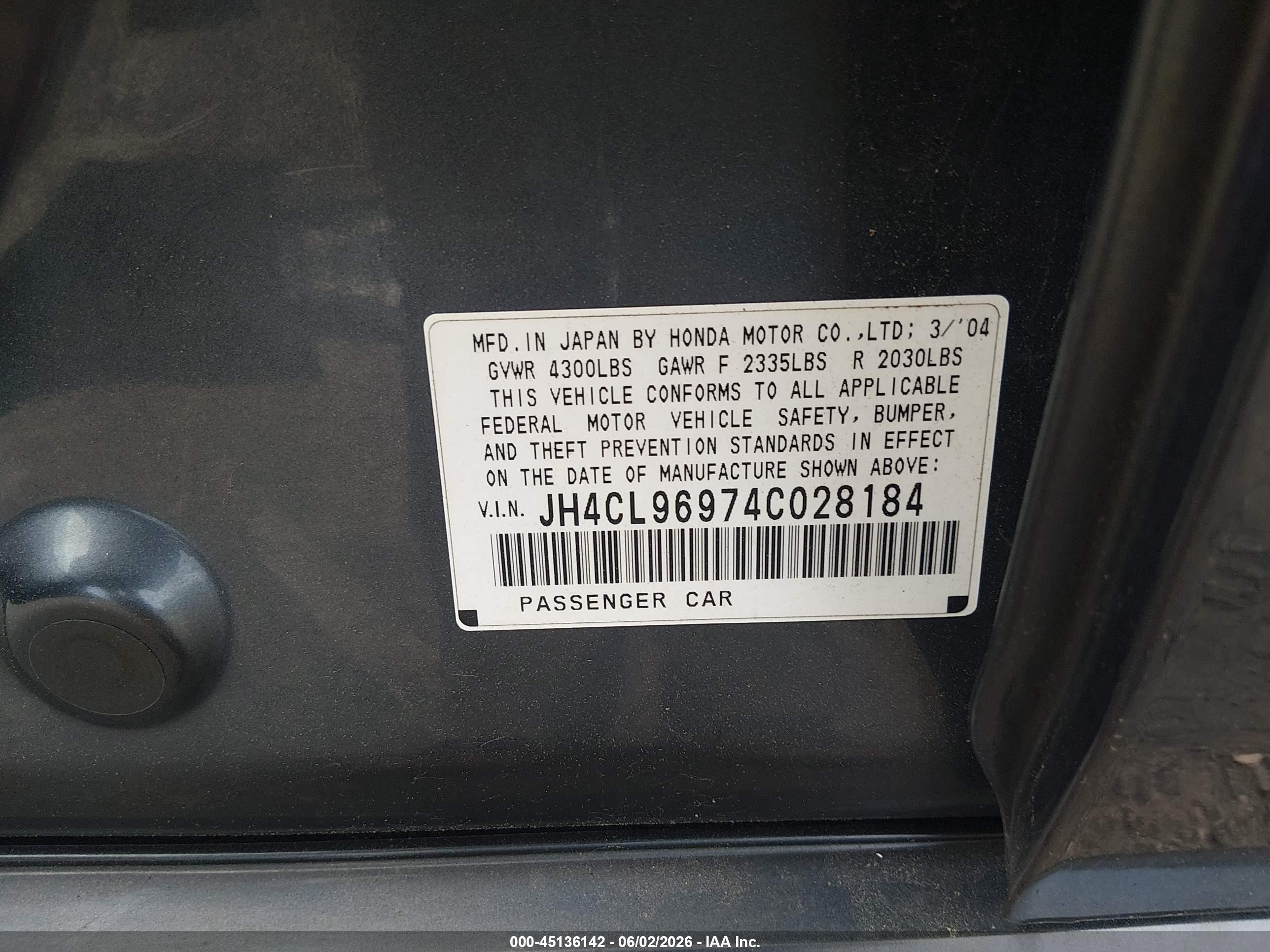2004 Acura Tsx   Dark Blue vin: JH4CL96974C028184