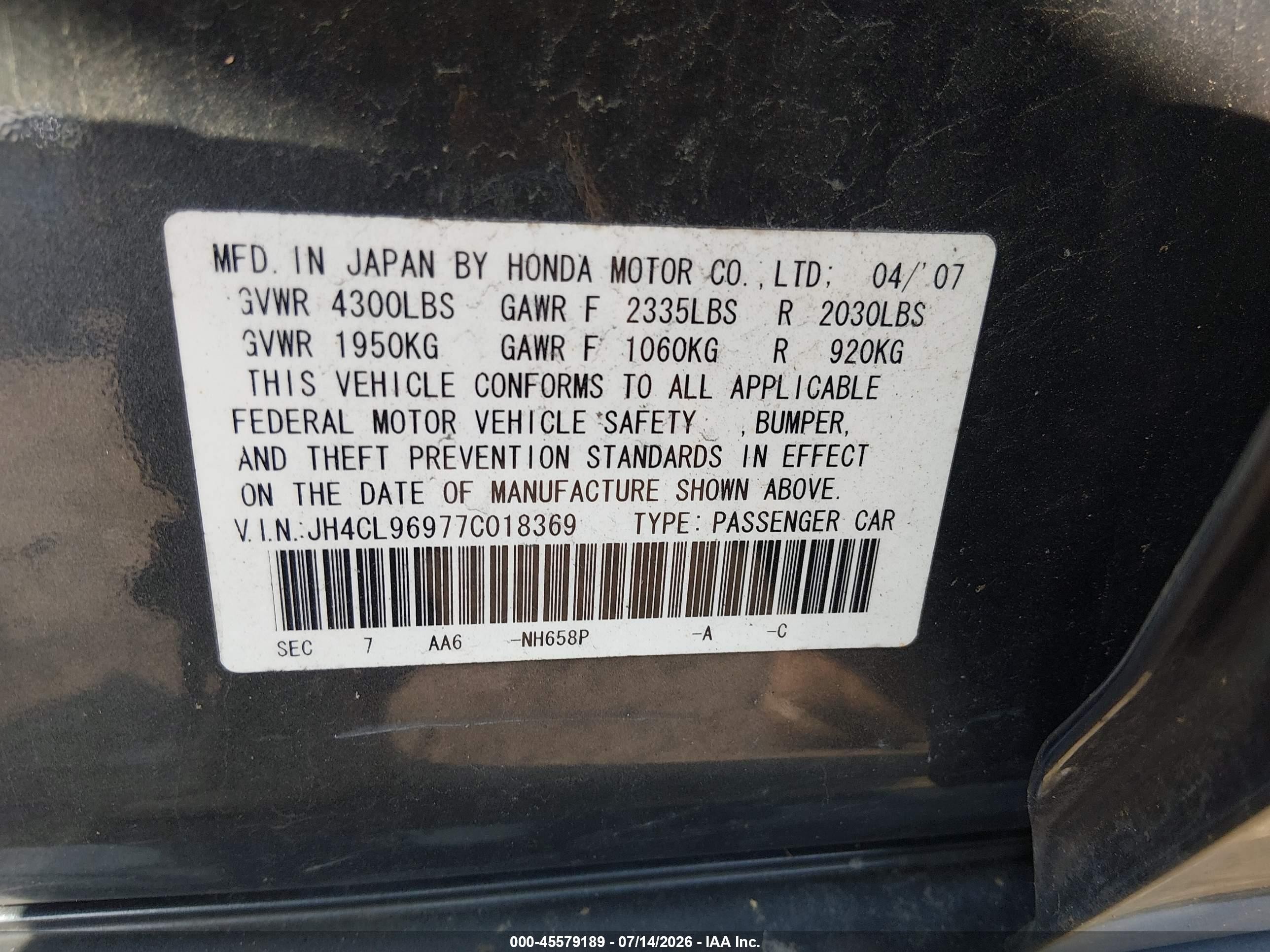 2007 Acura Tsx   Gray vin: JH4CL96977C018369