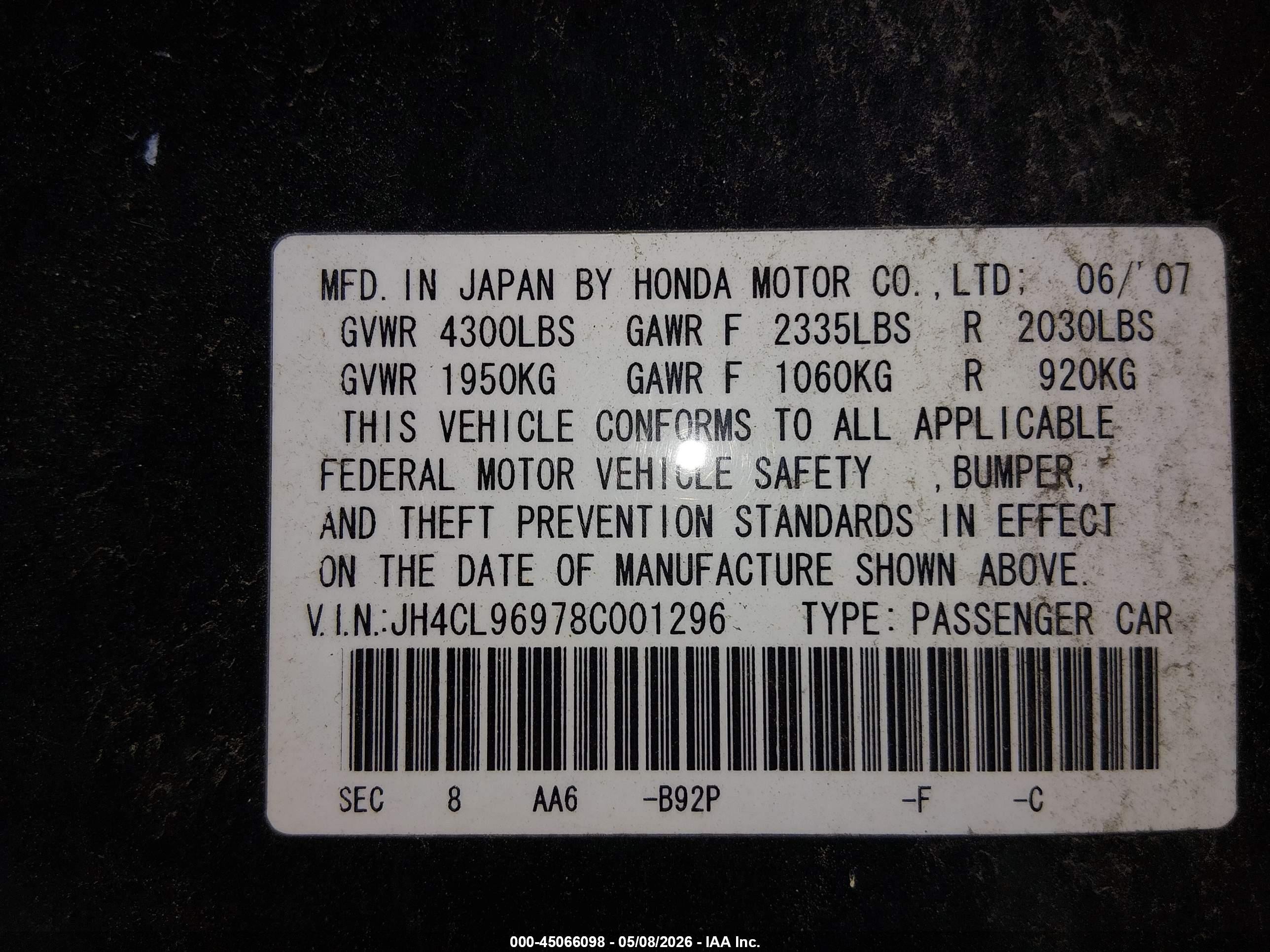 2008 Acura Tsx   Black vin: JH4CL96978C001296