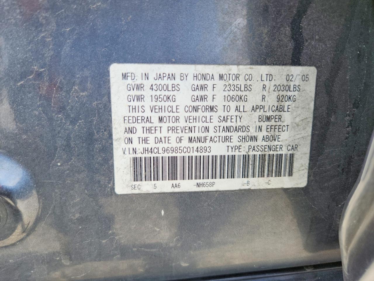 2005 Acura Tsx Gray vin: JH4CL96985C014893