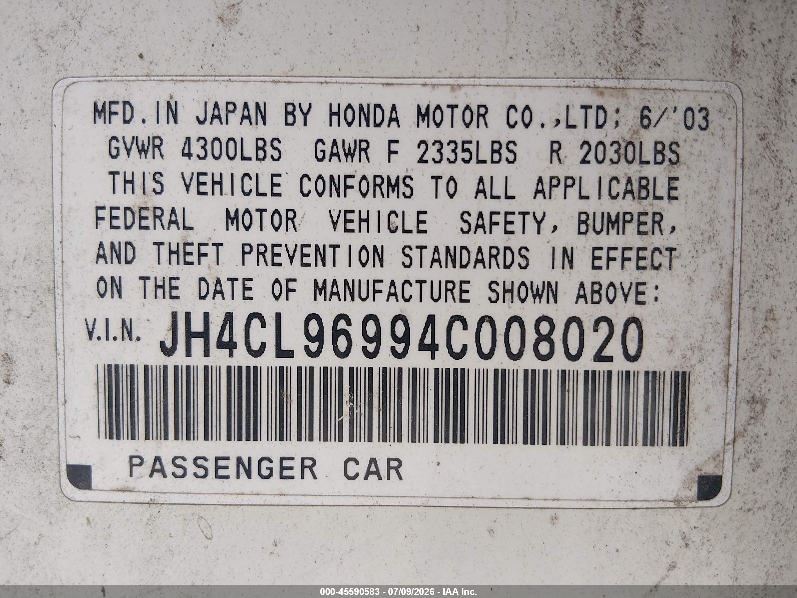 2004 Acura Tsx   White vin: JH4CL96994C008020