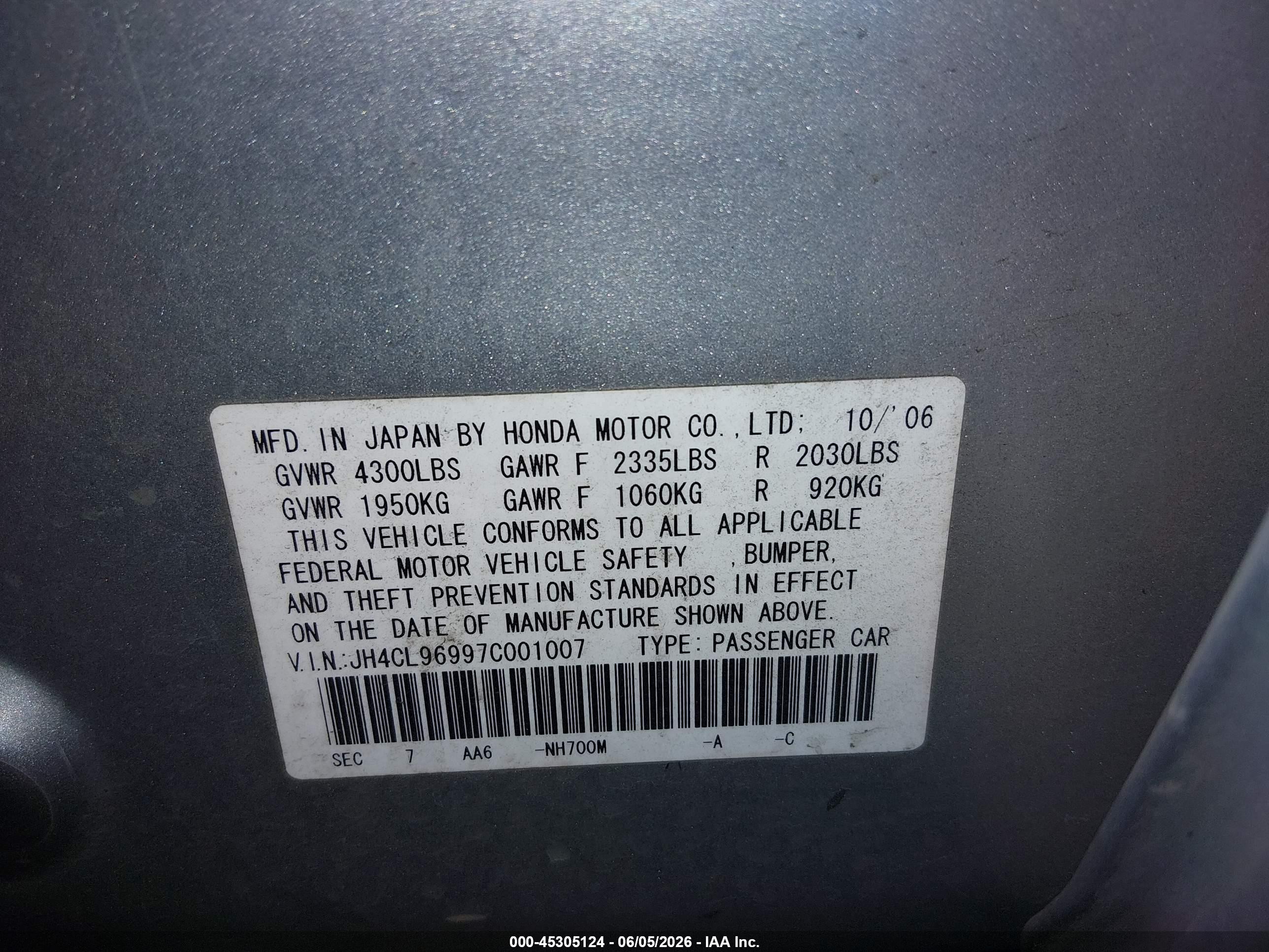 2007 Acura Tsx   Silver vin: JH4CL96997C001007