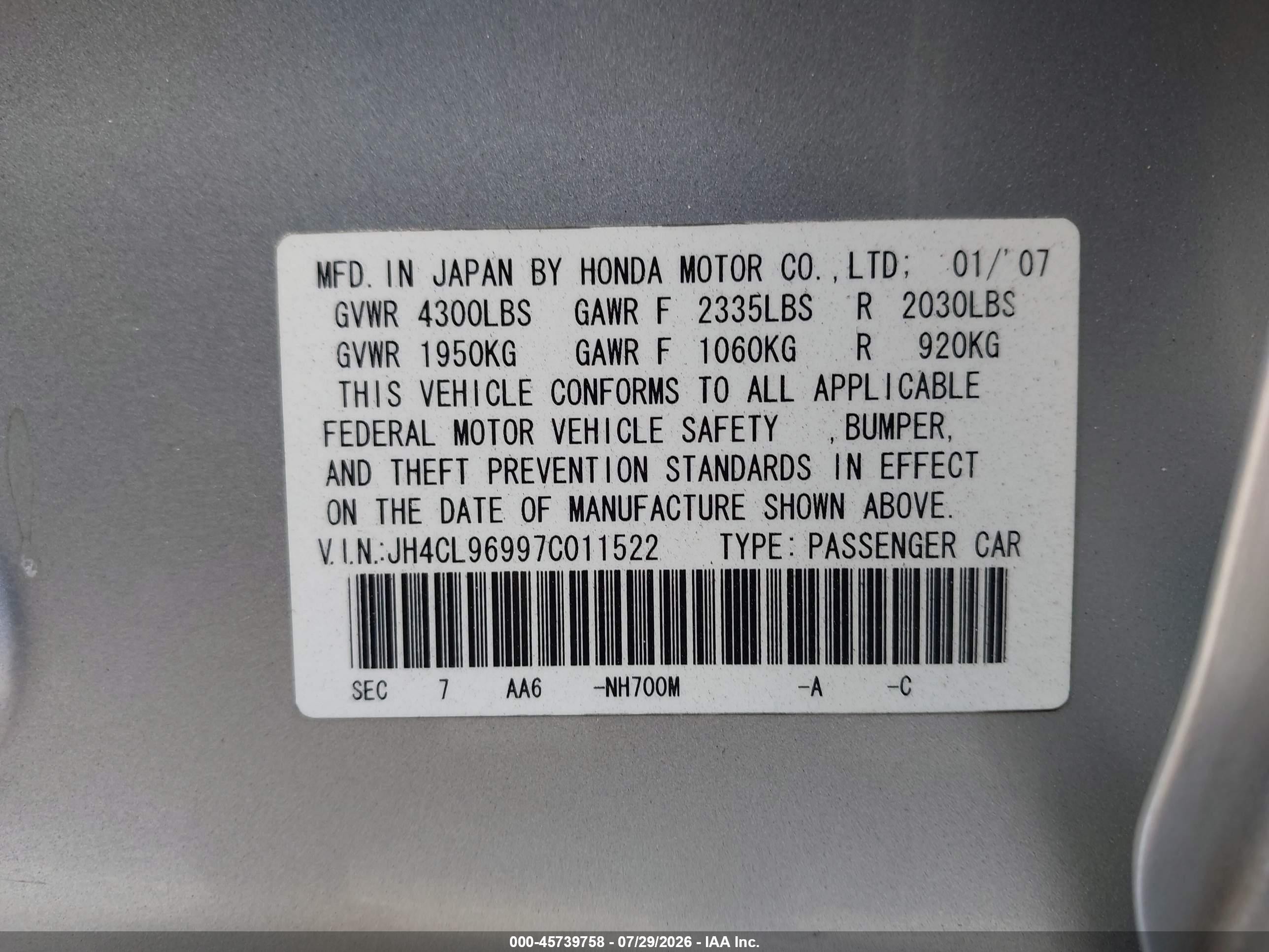 2007 Acura Tsx   Silver vin: JH4CL96997C011522