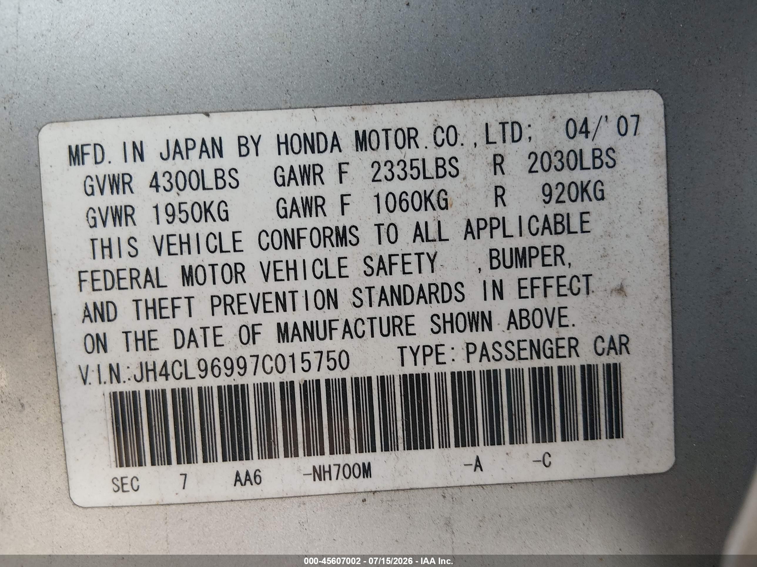 2007 Acura Tsx   Silver vin: JH4CL96997C015750