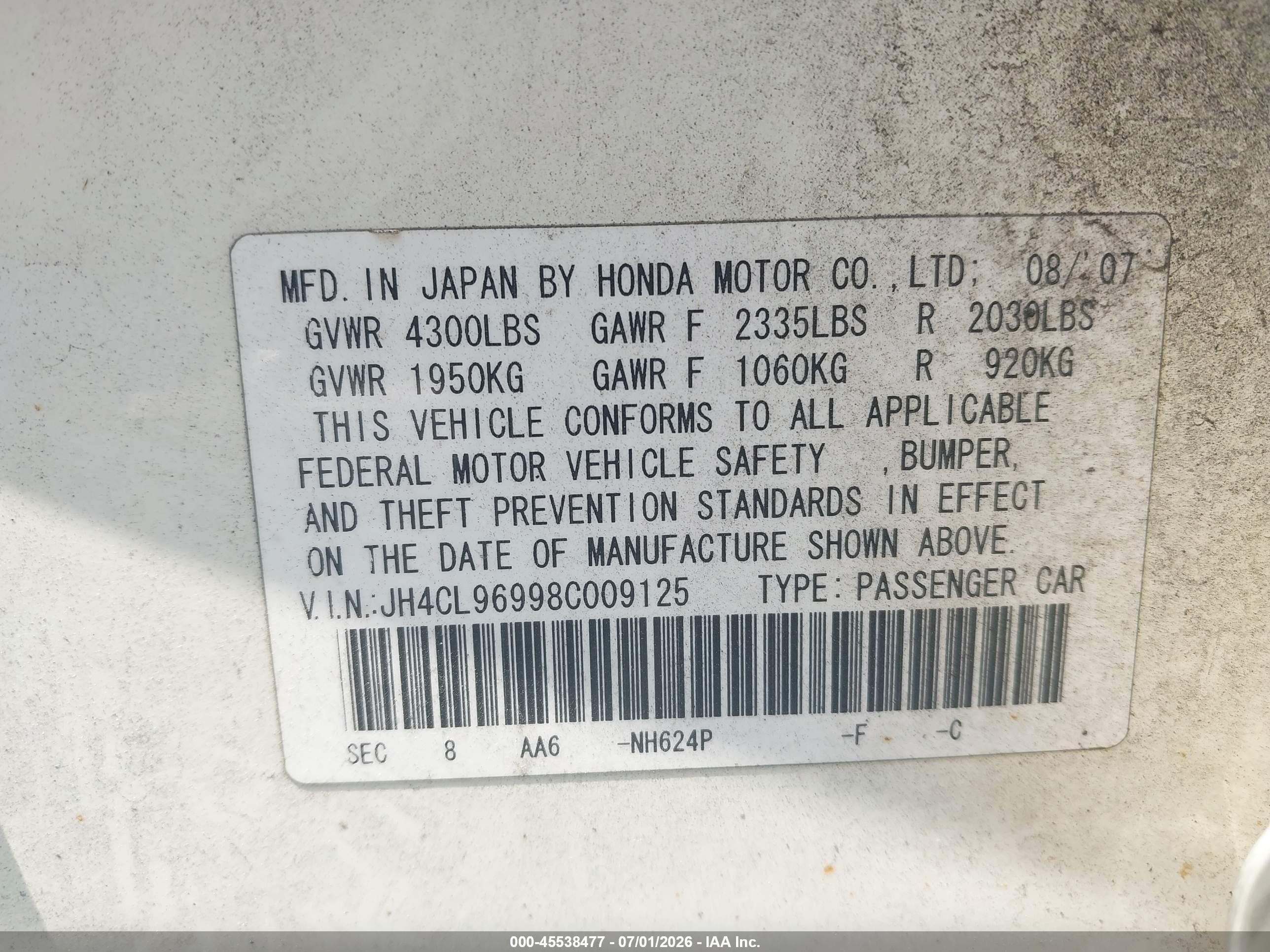 2008 Acura Tsx   White vin: JH4CL96998C009125