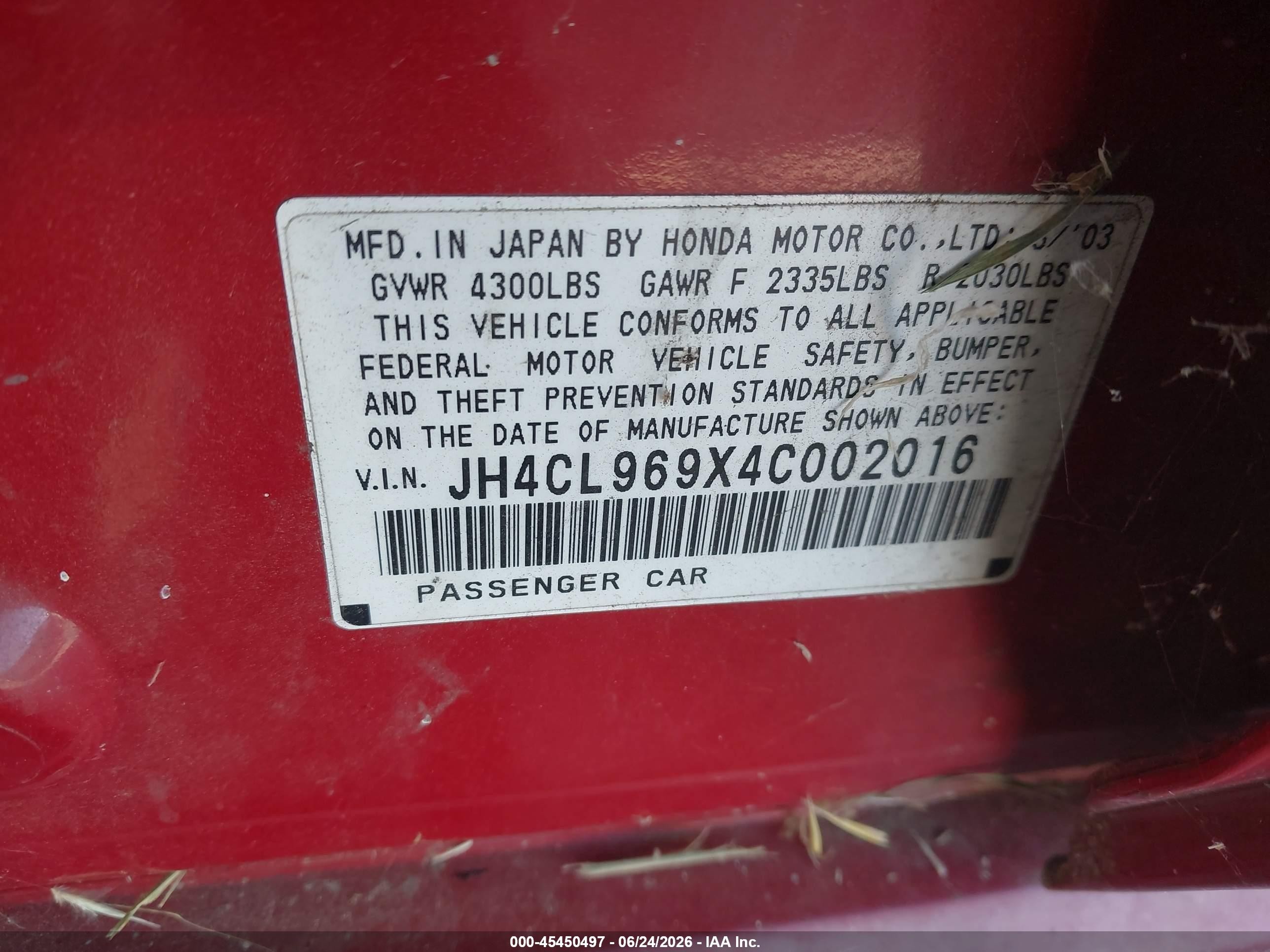 2004 Acura Tsx   Red vin: JH4CL969X4C002016