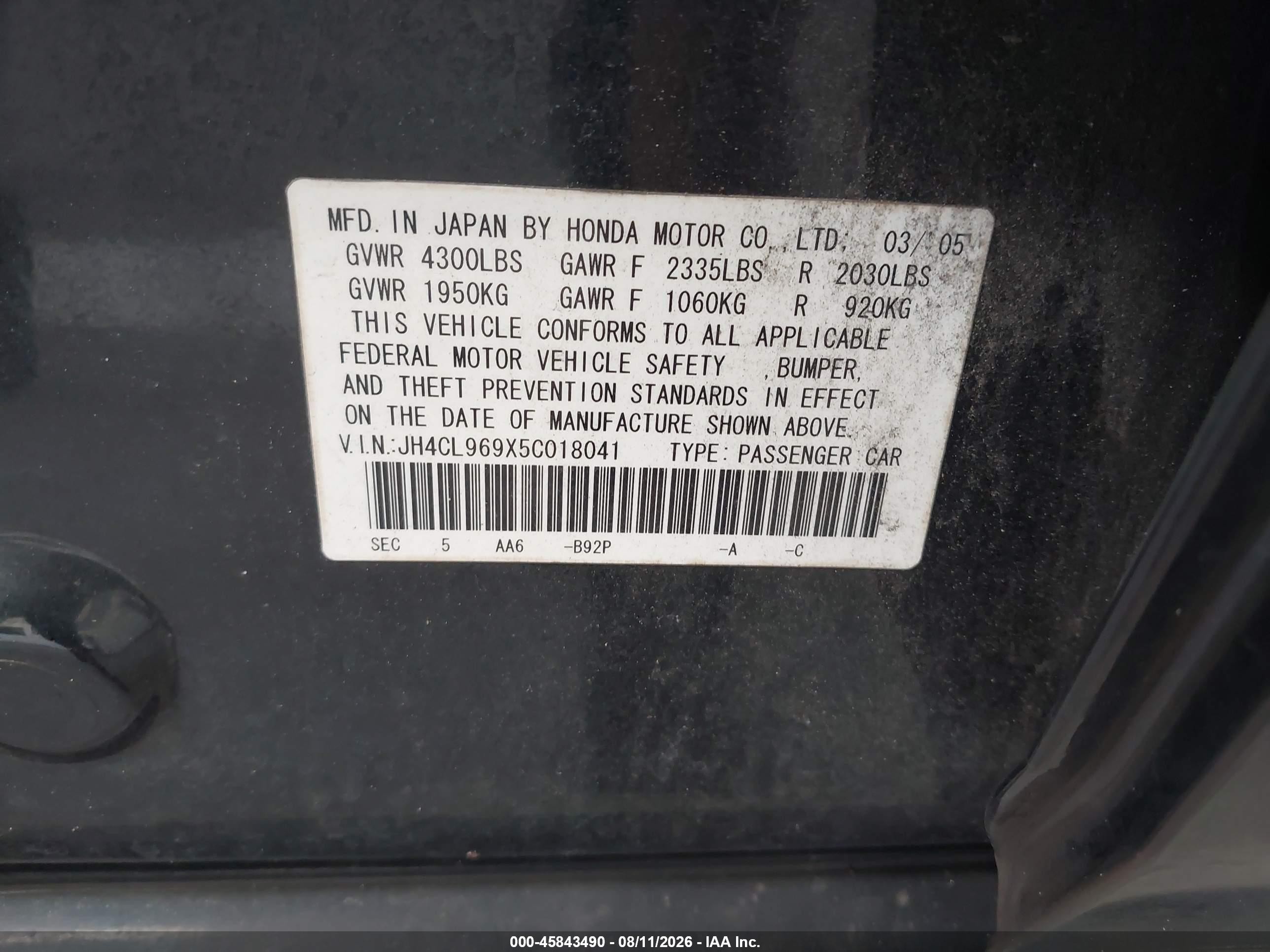 2005 Acura Tsx   Black vin: JH4CL969X5C018041