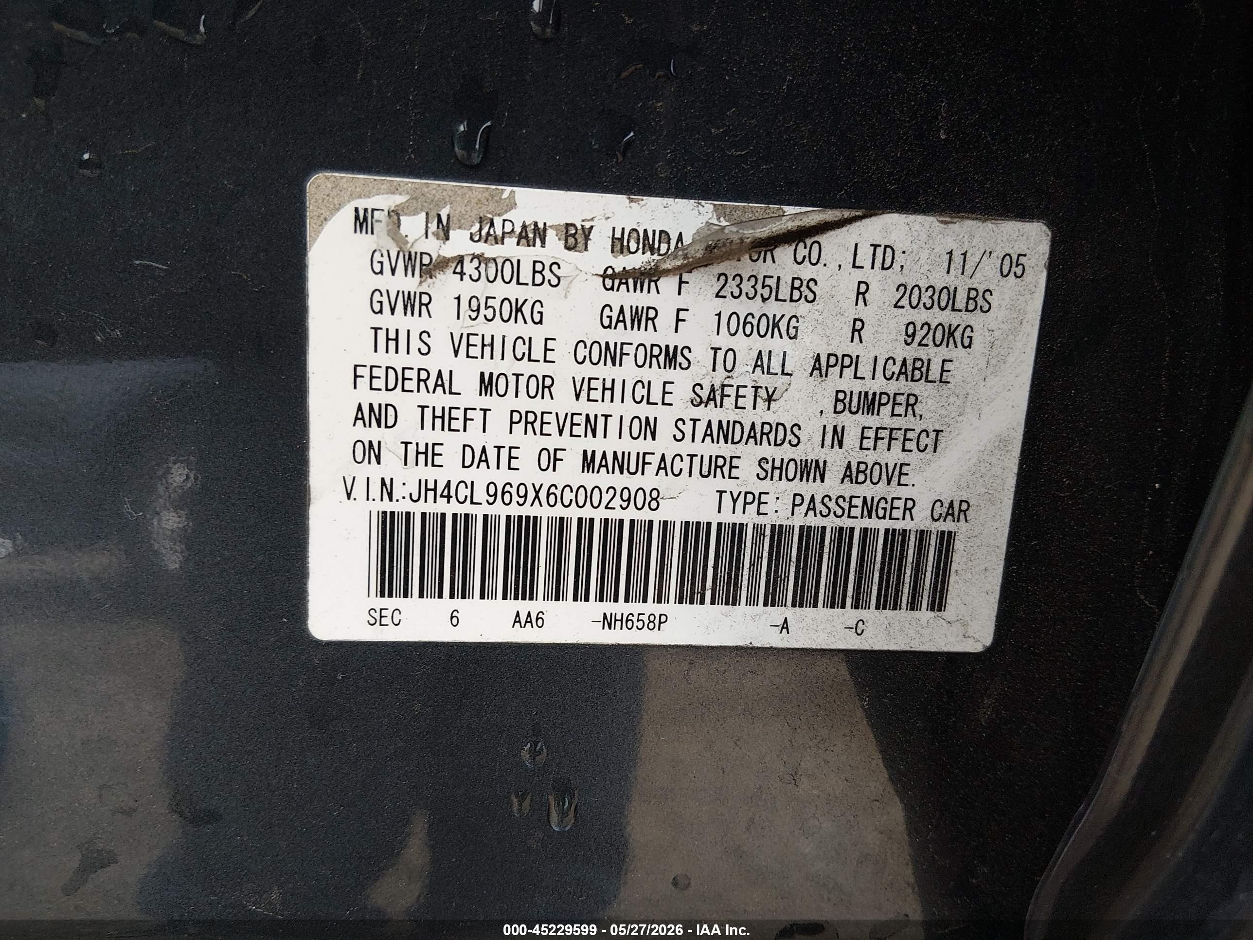 2006 Acura Tsx   Gray vin: JH4CL969X6C002908
