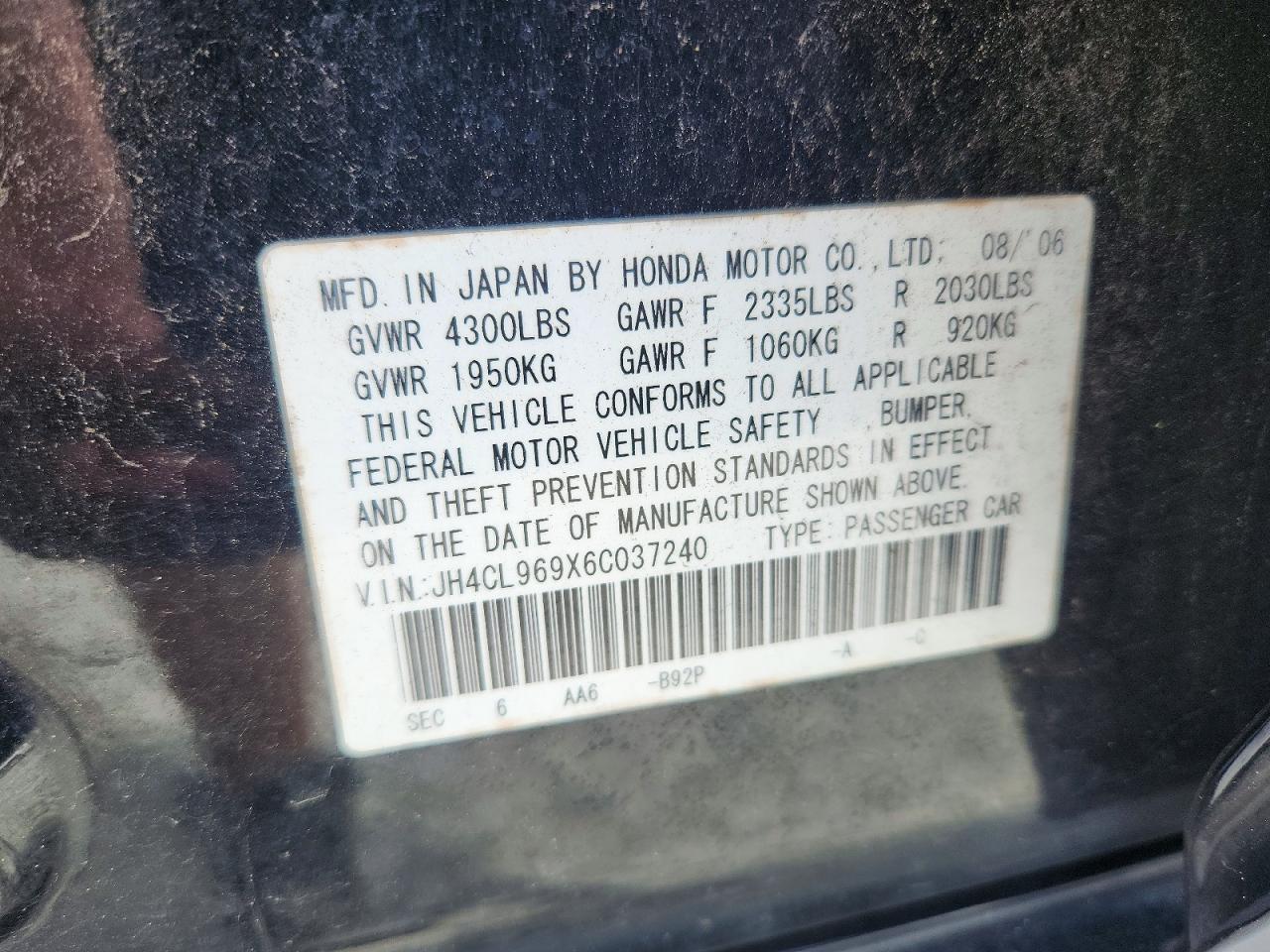 2006 Acura Tsx Black vin: JH4CL969X6C037240