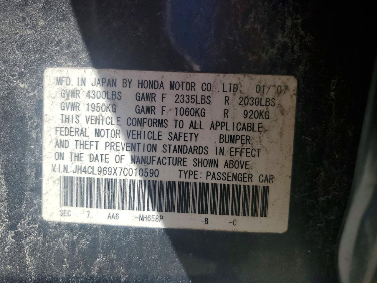 2007 Acura Tsx Charcoal vin: JH4CL969X7C010590