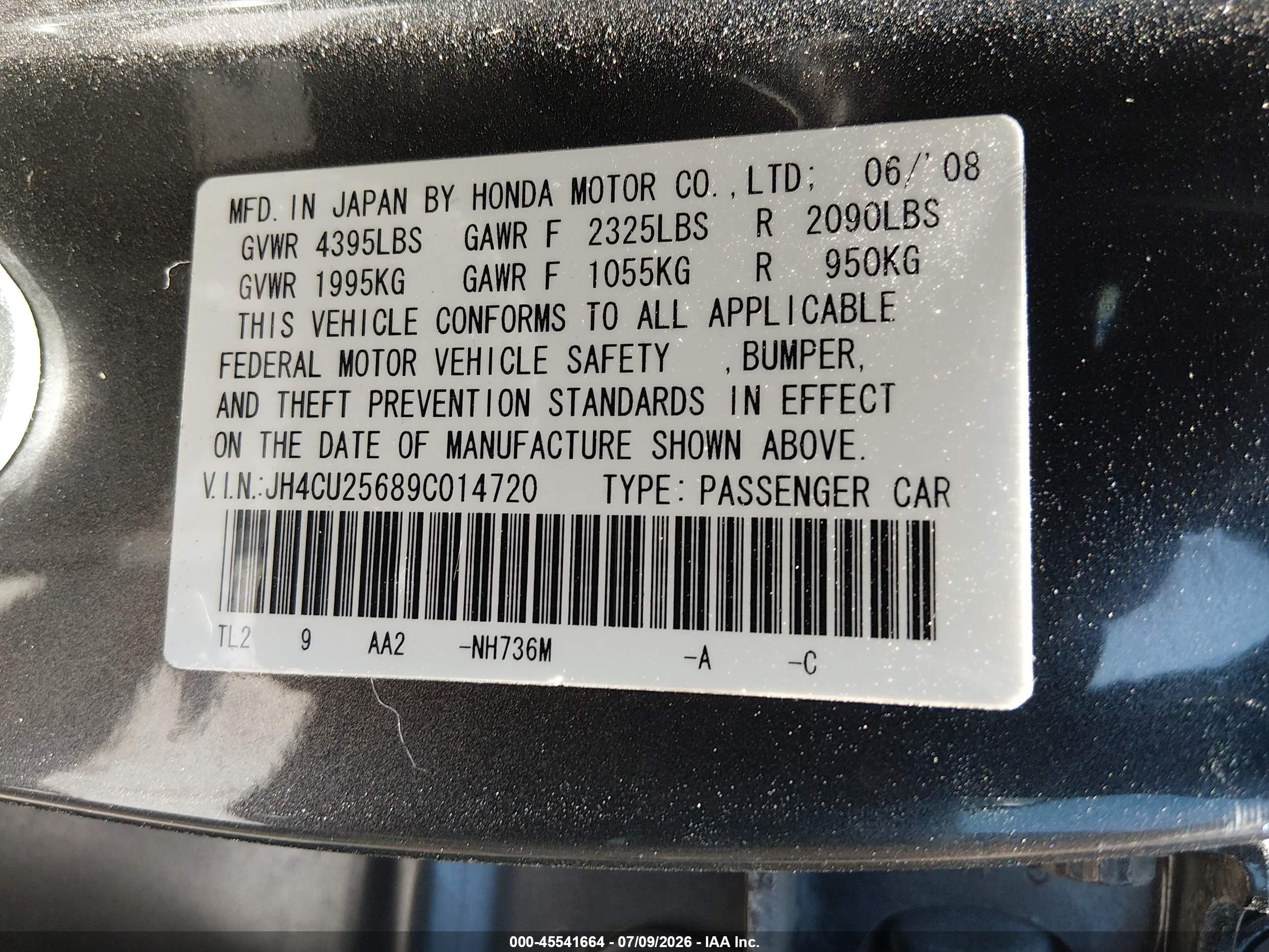 2009 Acura Tsx   Gray vin: JH4CU25689C014720