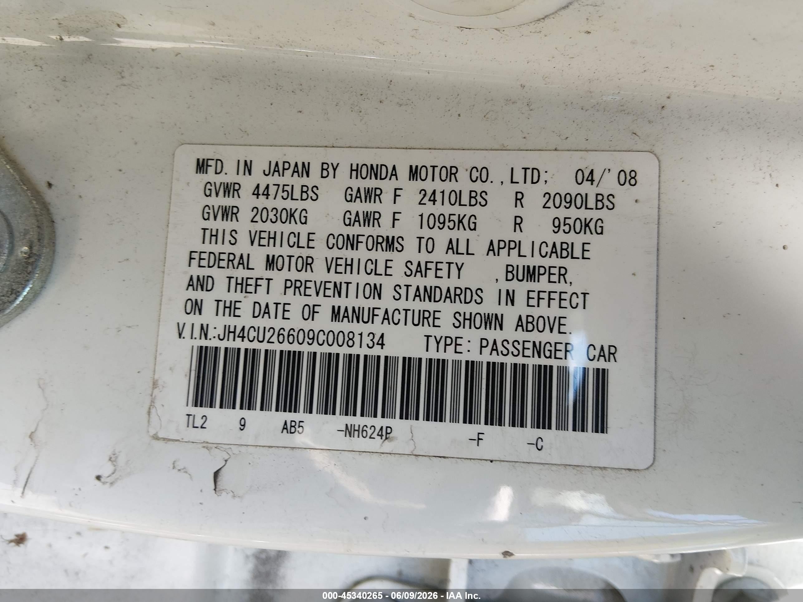 2009 Acura Tsx   White vin: JH4CU26609C008134