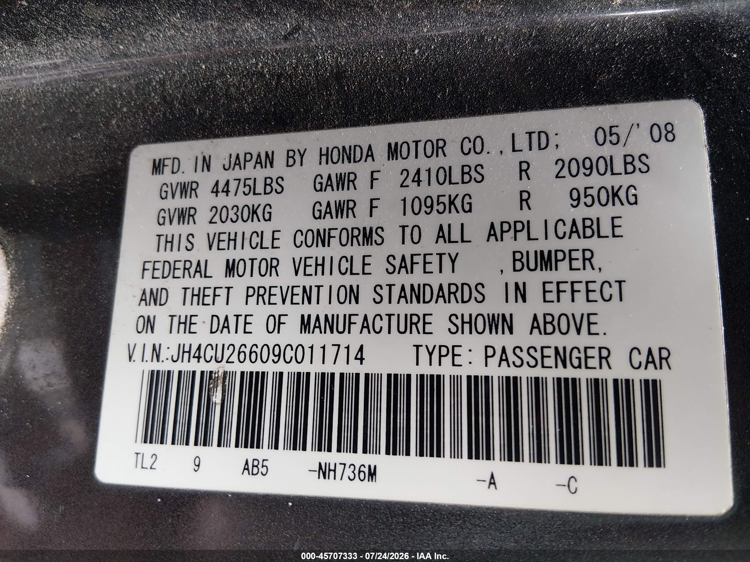2009 Acura Tsx   Black vin: JH4CU26609C011714