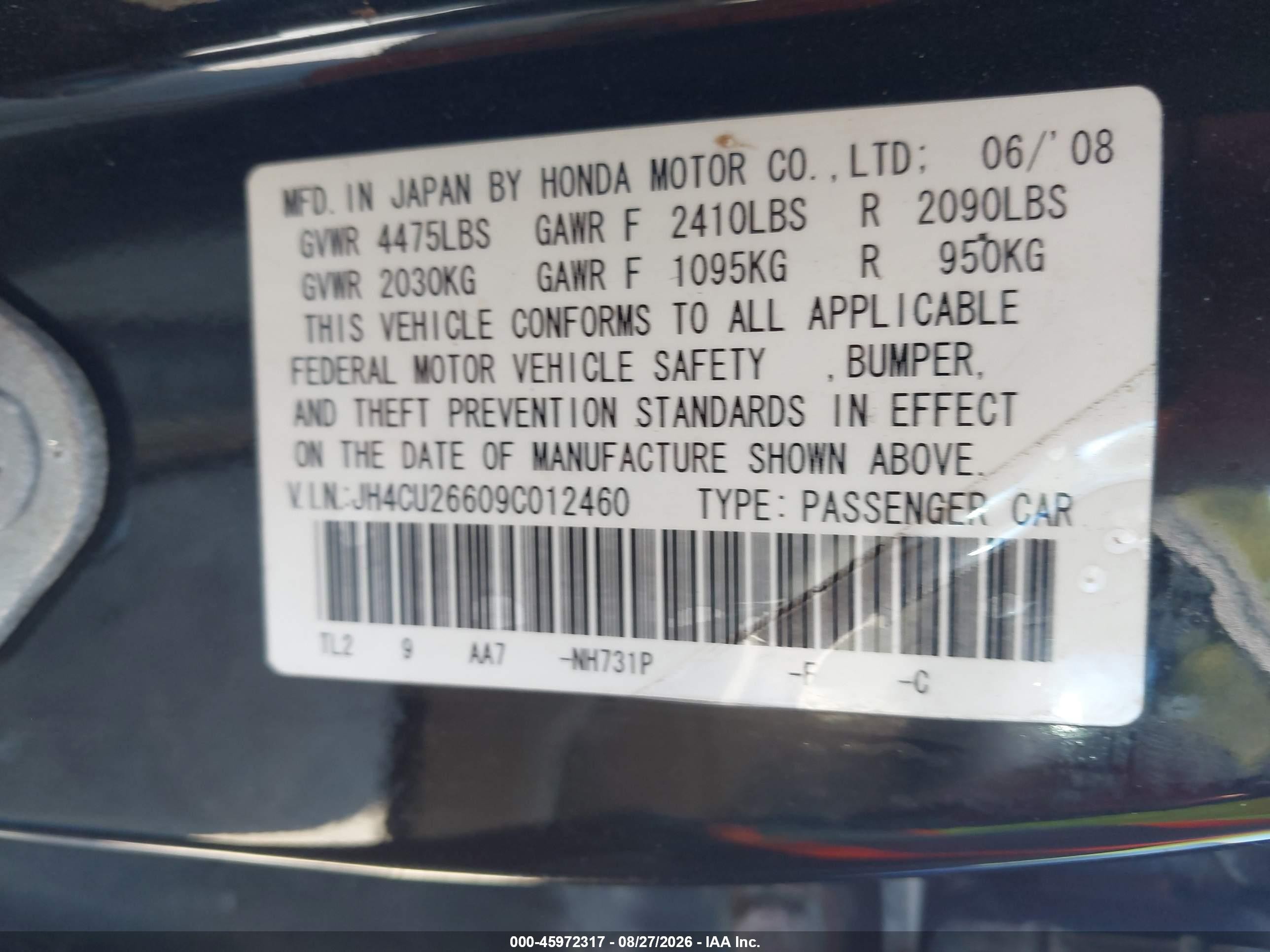 2009 Acura Tsx   Black vin: JH4CU26609C012460