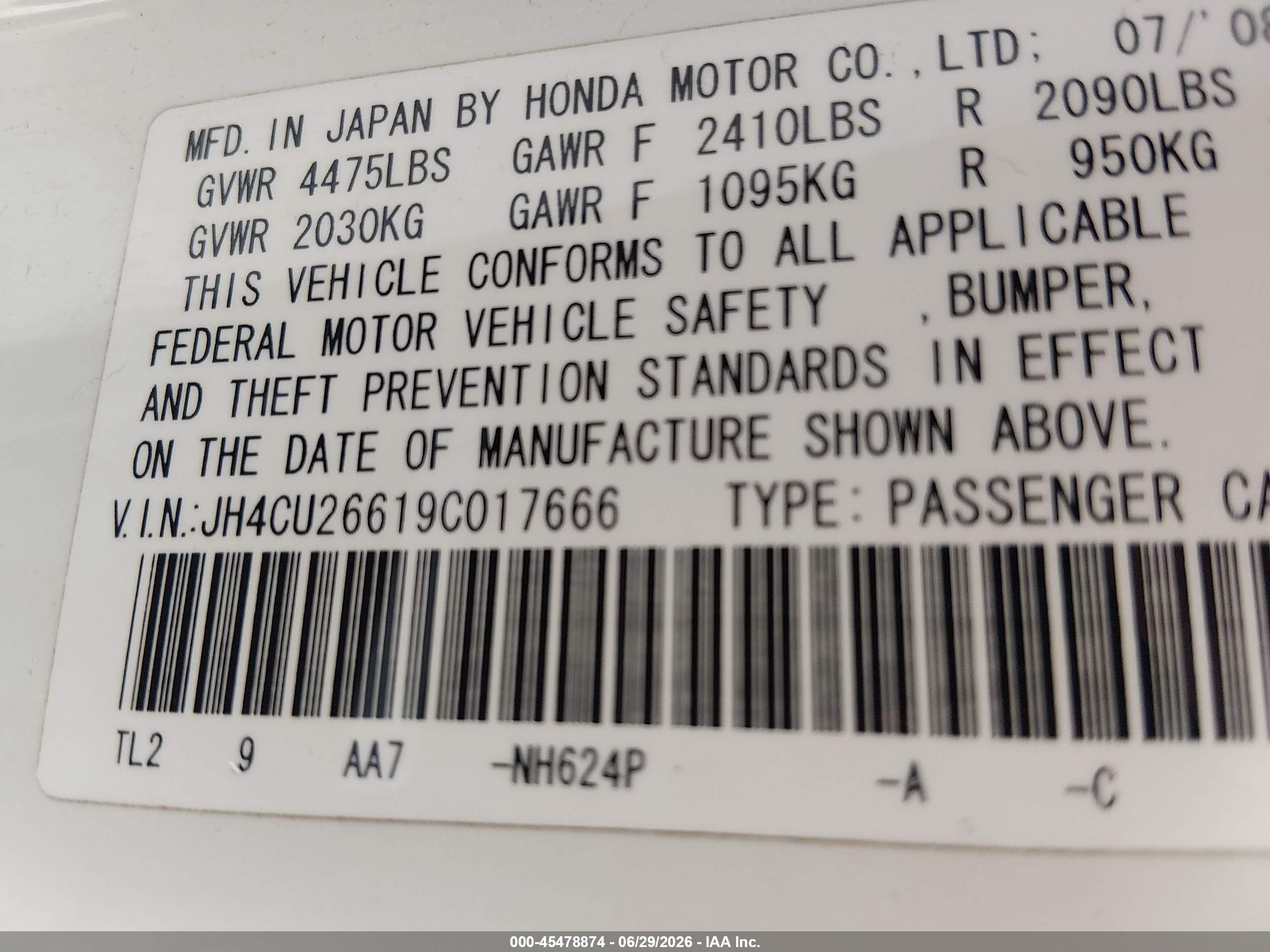 2009 Acura Tsx   White vin: JH4CU26619C017666