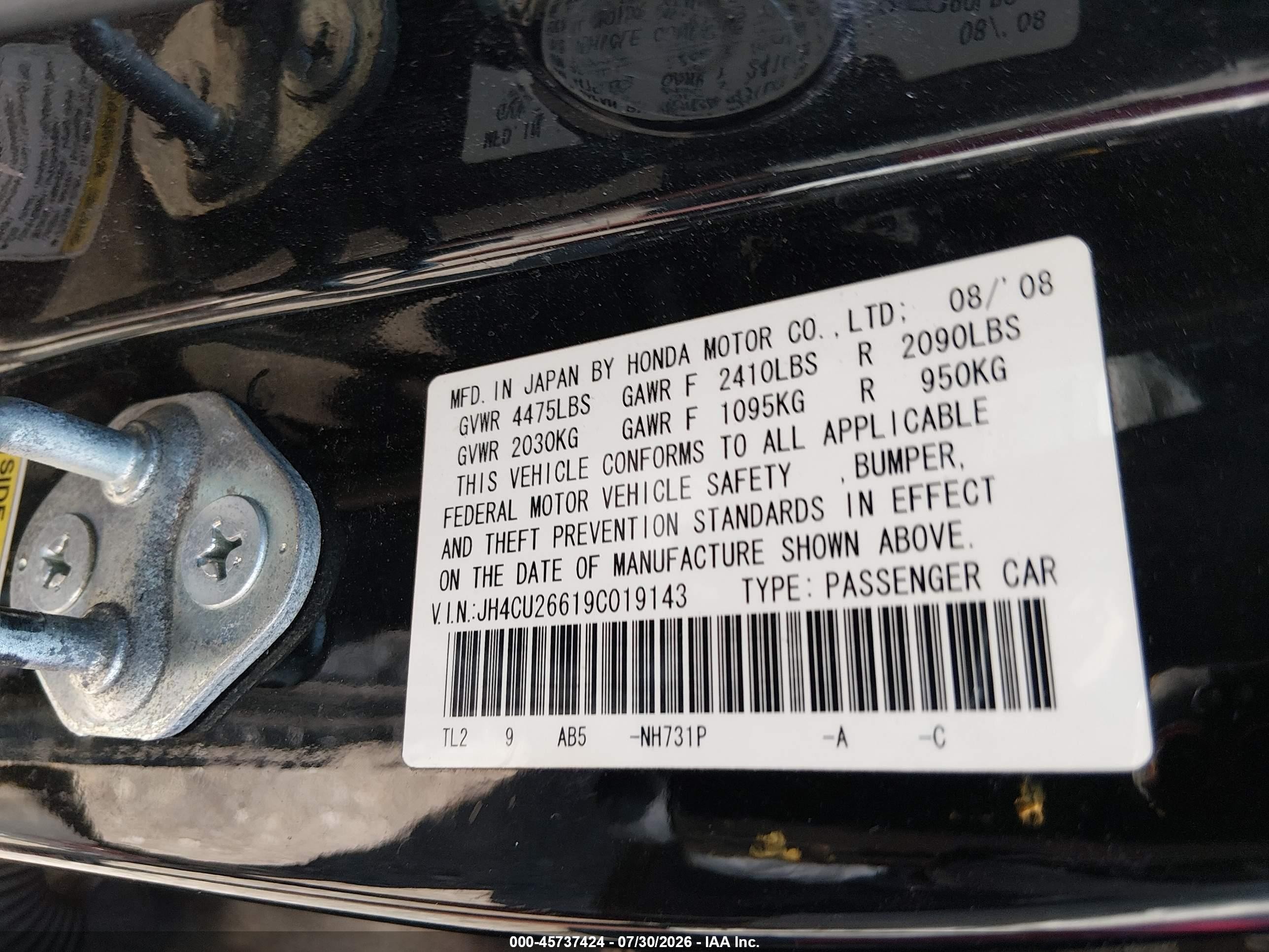 2009 Acura Tsx   Black vin: JH4CU26619C019143