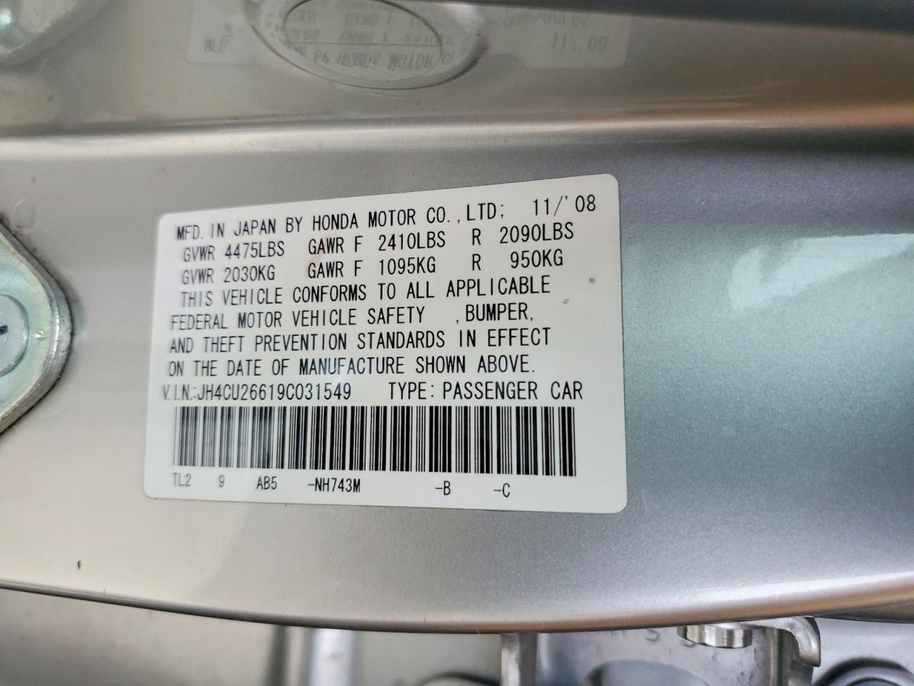 2009 Acura Tsx Silver vin: JH4CU26619C031549