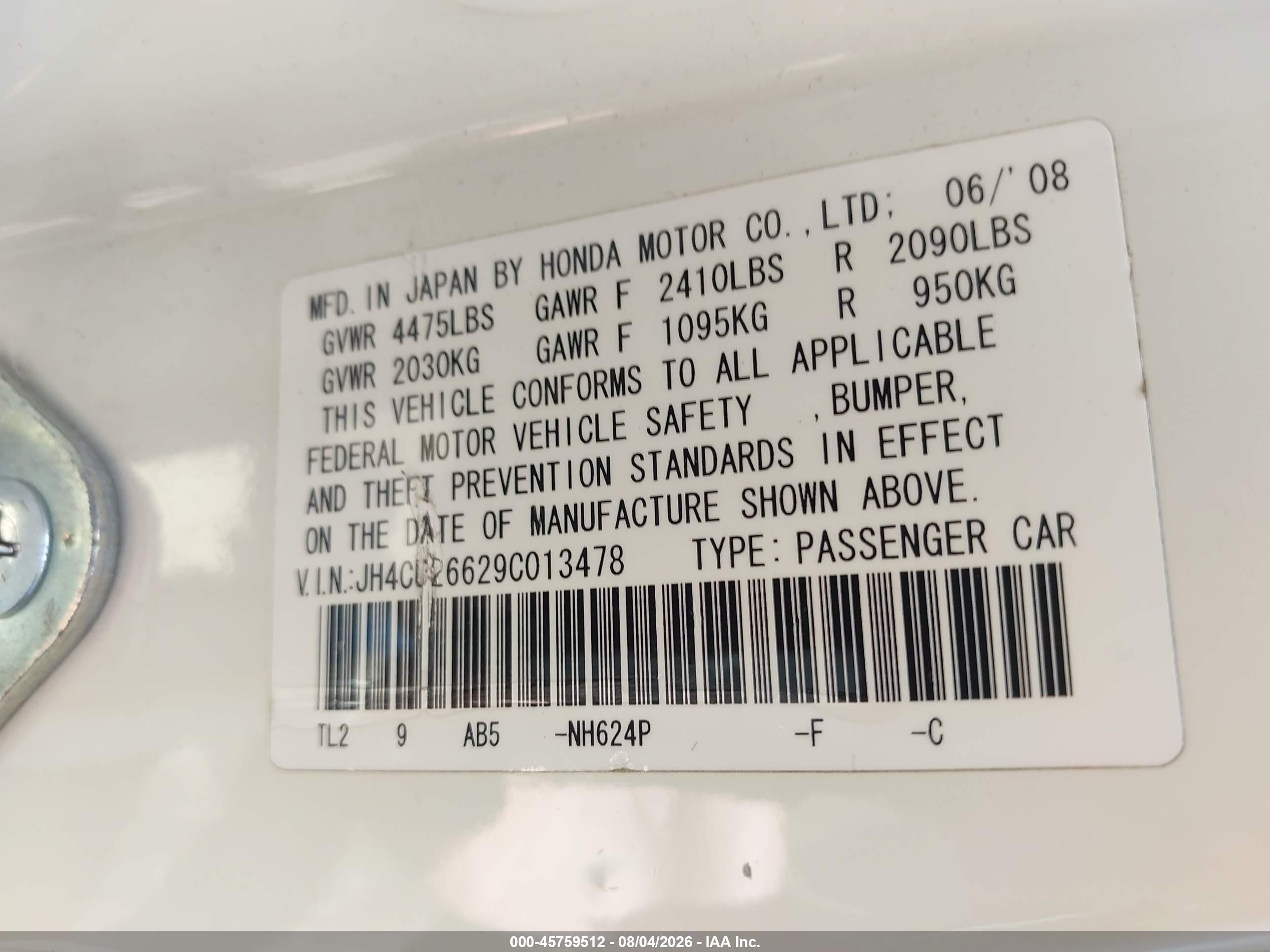 2009 Acura Tsx   White vin: JH4CU26629C013478