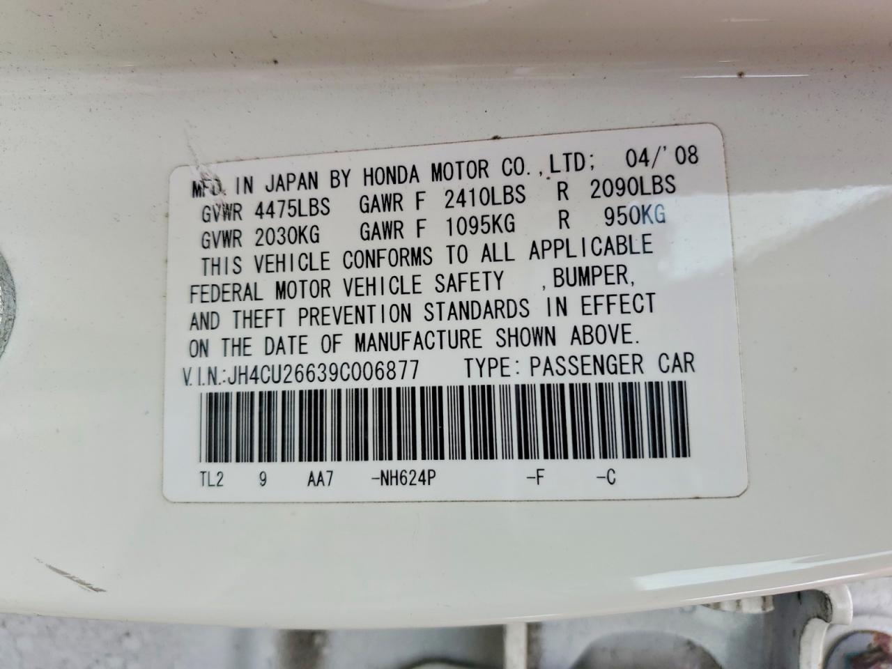 2009 Acura Tsx White vin: JH4CU26639C006877