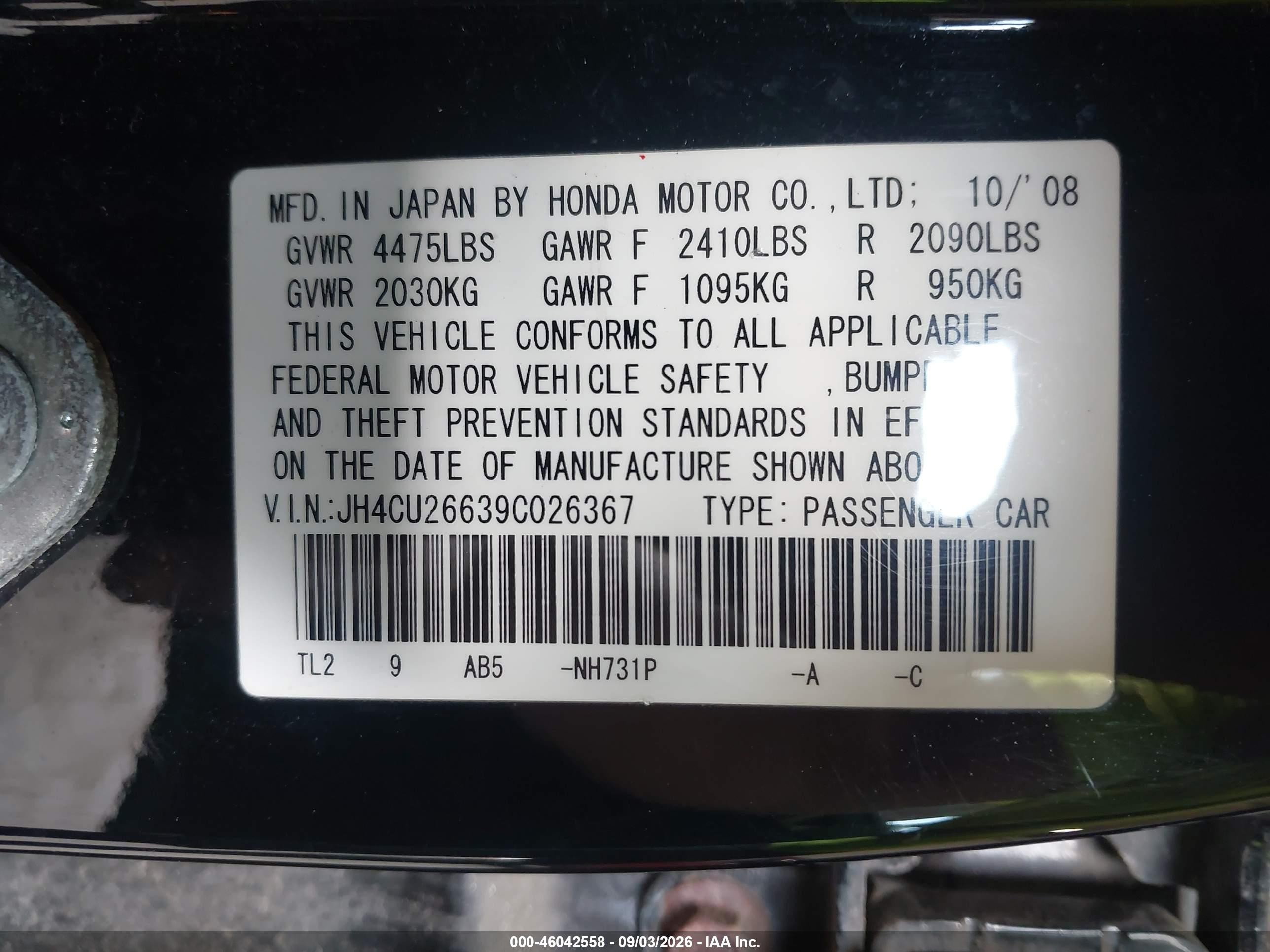 2009 Acura Tsx   Black vin: JH4CU26639C026367