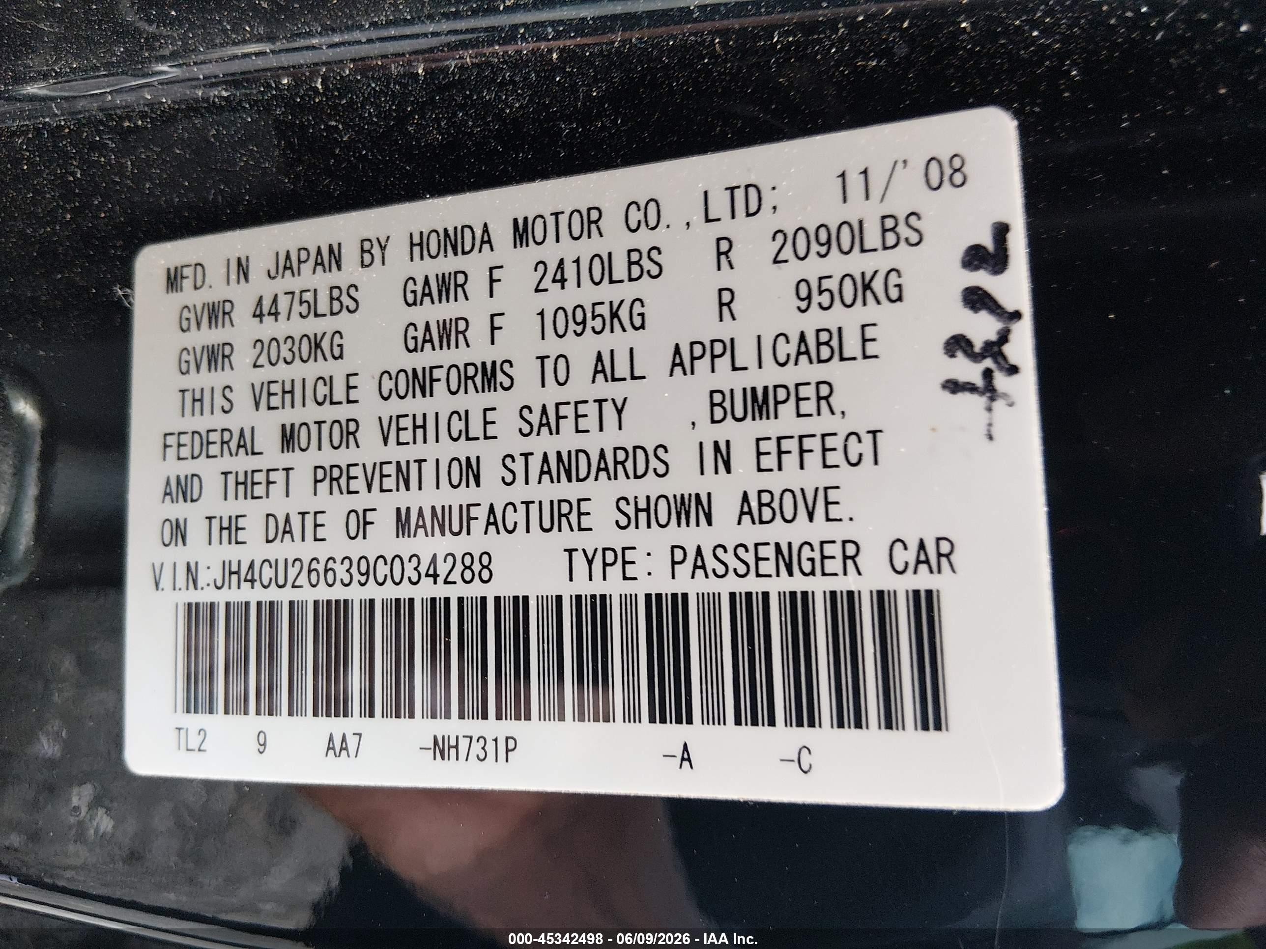 2009 Acura Tsx   Black vin: JH4CU26639C034288