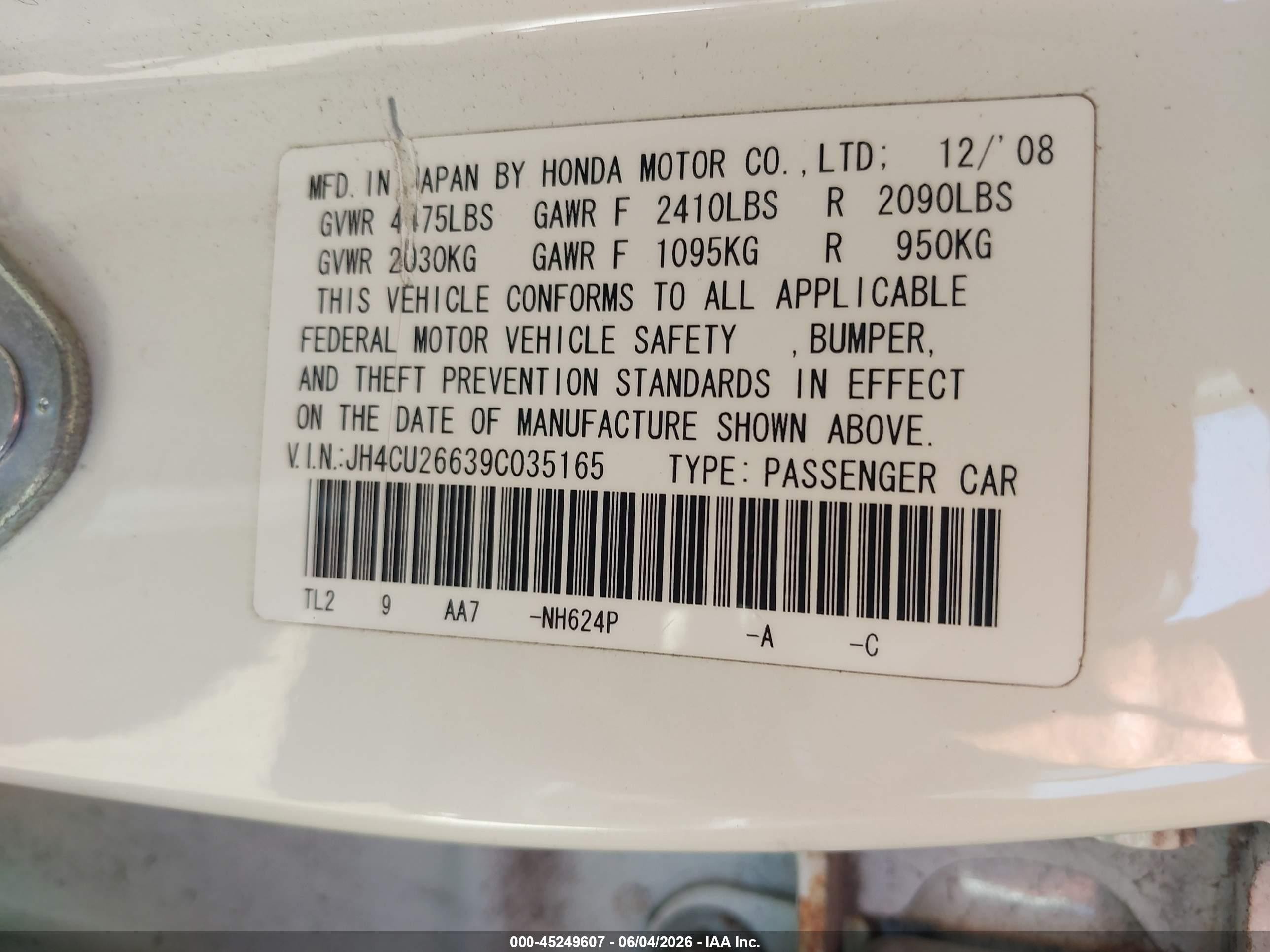 2009 Acura Tsx   White vin: JH4CU26639C035165