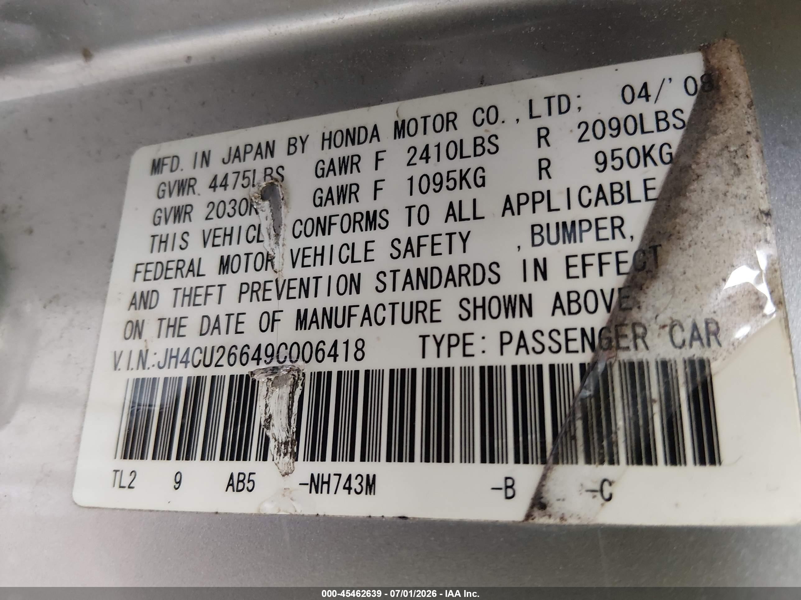 2009 Acura Tsx   White vin: JH4CU26649C006418