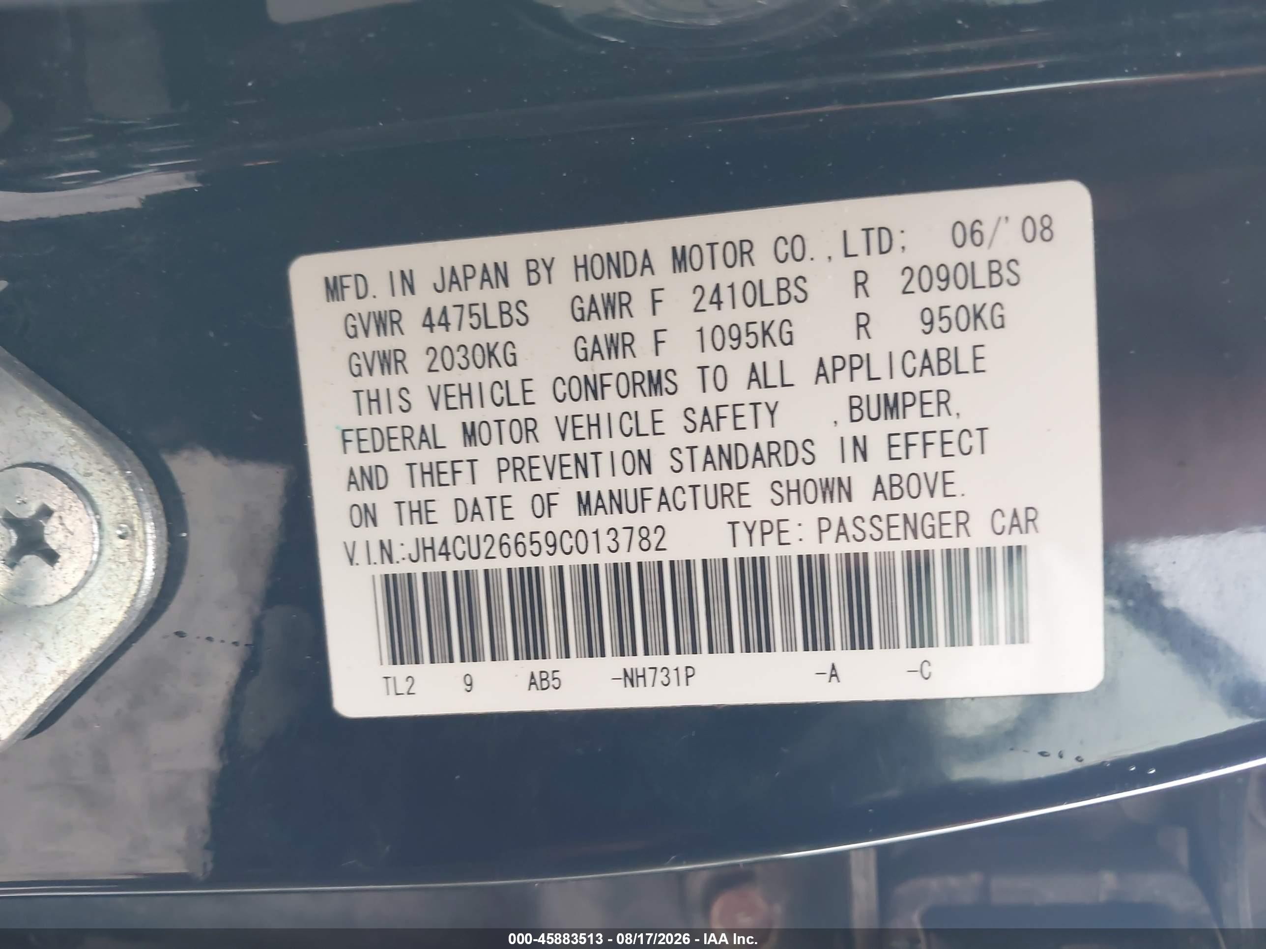 2009 Acura Tsx   Black vin: JH4CU26659C013782