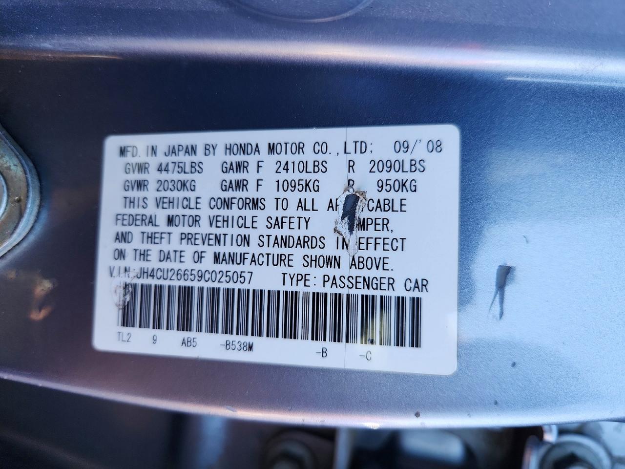 2009 Acura Tsx Blue vin: JH4CU26659C025057