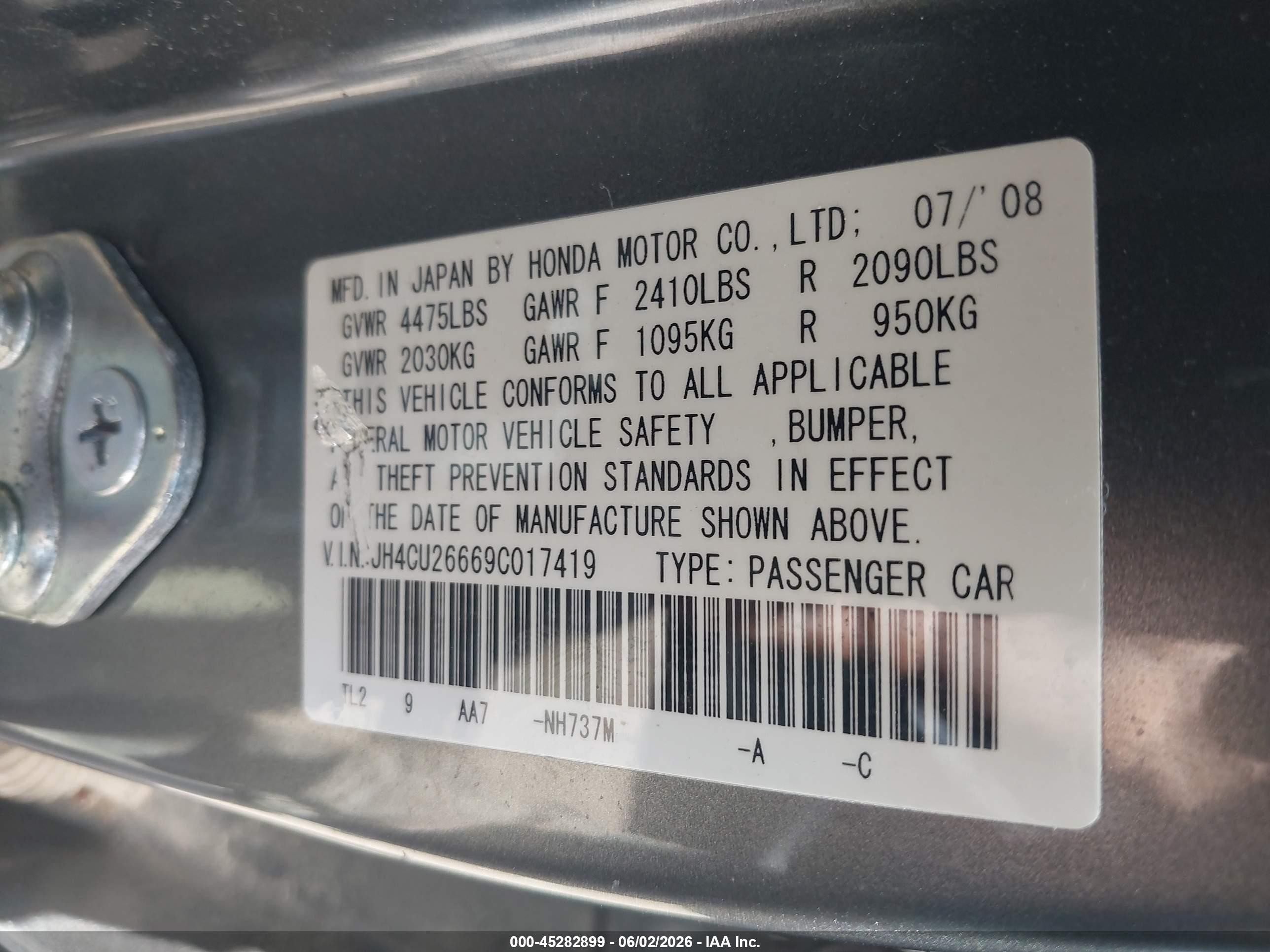 2009 Acura Tsx   Gray vin: JH4CU26669C017419