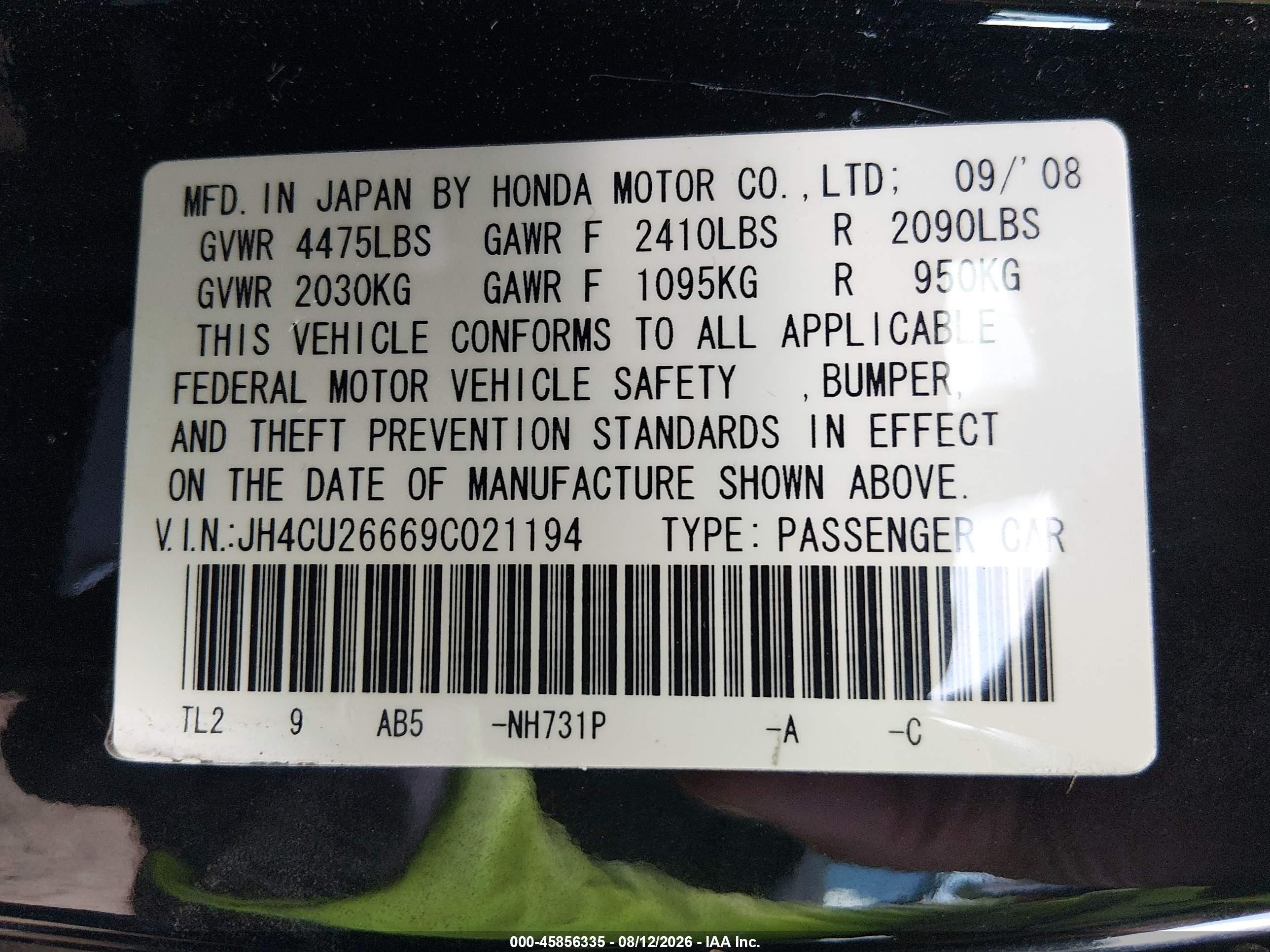 2009 Acura Tsx   Black vin: JH4CU26669C021194