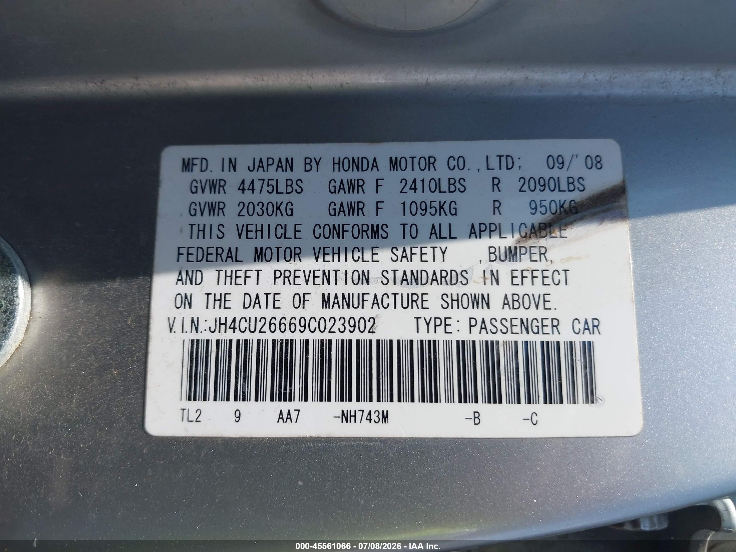 2009 Acura Tsx   Серебряный vin: JH4CU26669C023902