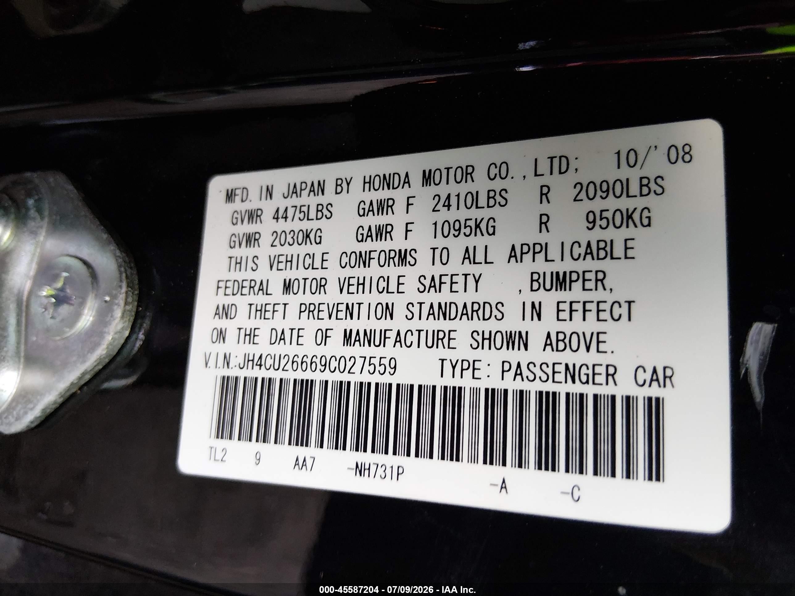 2009 Acura Tsx   Black vin: JH4CU26669C027559
