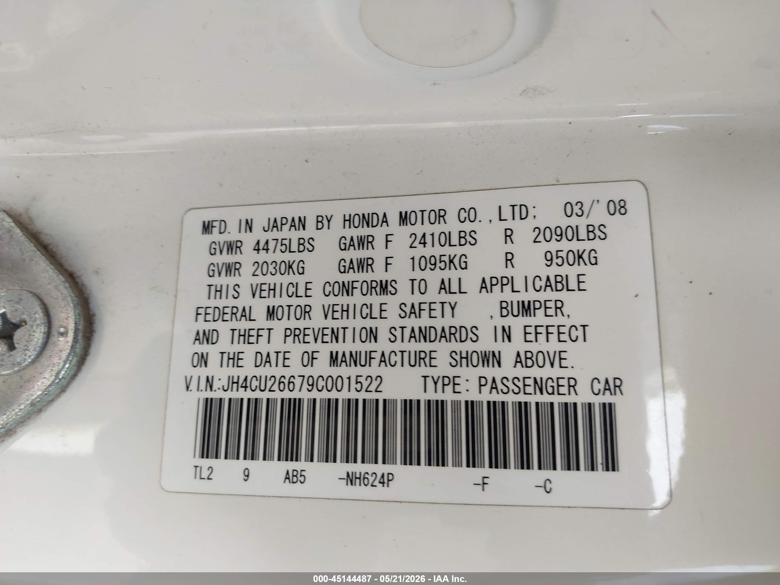 2009 Acura Tsx   White vin: JH4CU26679C001522