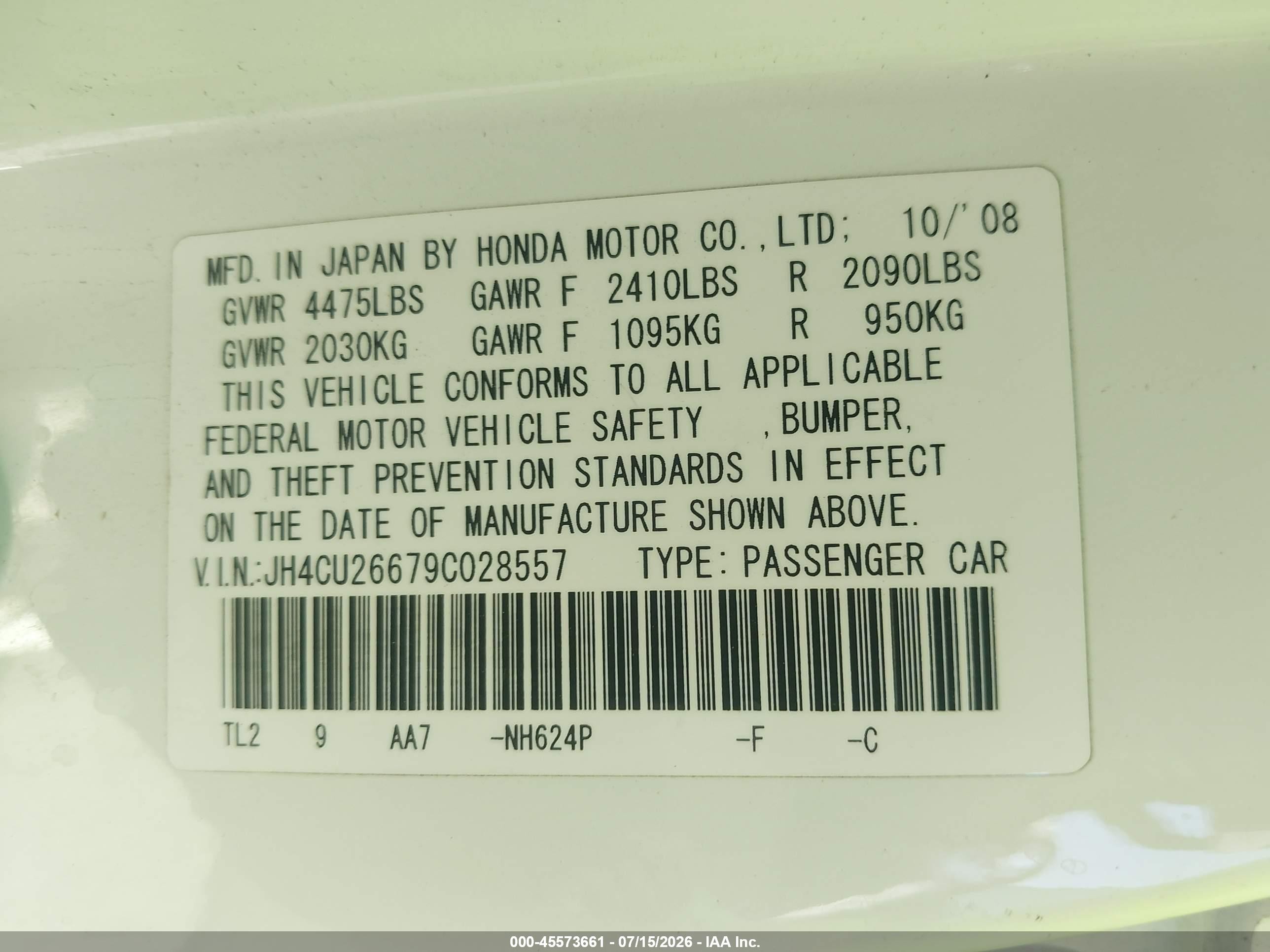 2009 Acura Tsx   White vin: JH4CU26679C028557