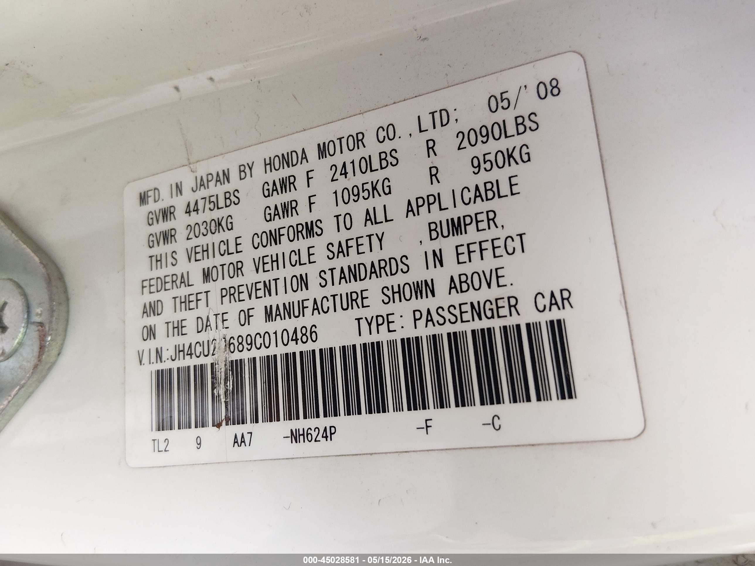 2009 Acura Tsx   White vin: JH4CU26689C010486