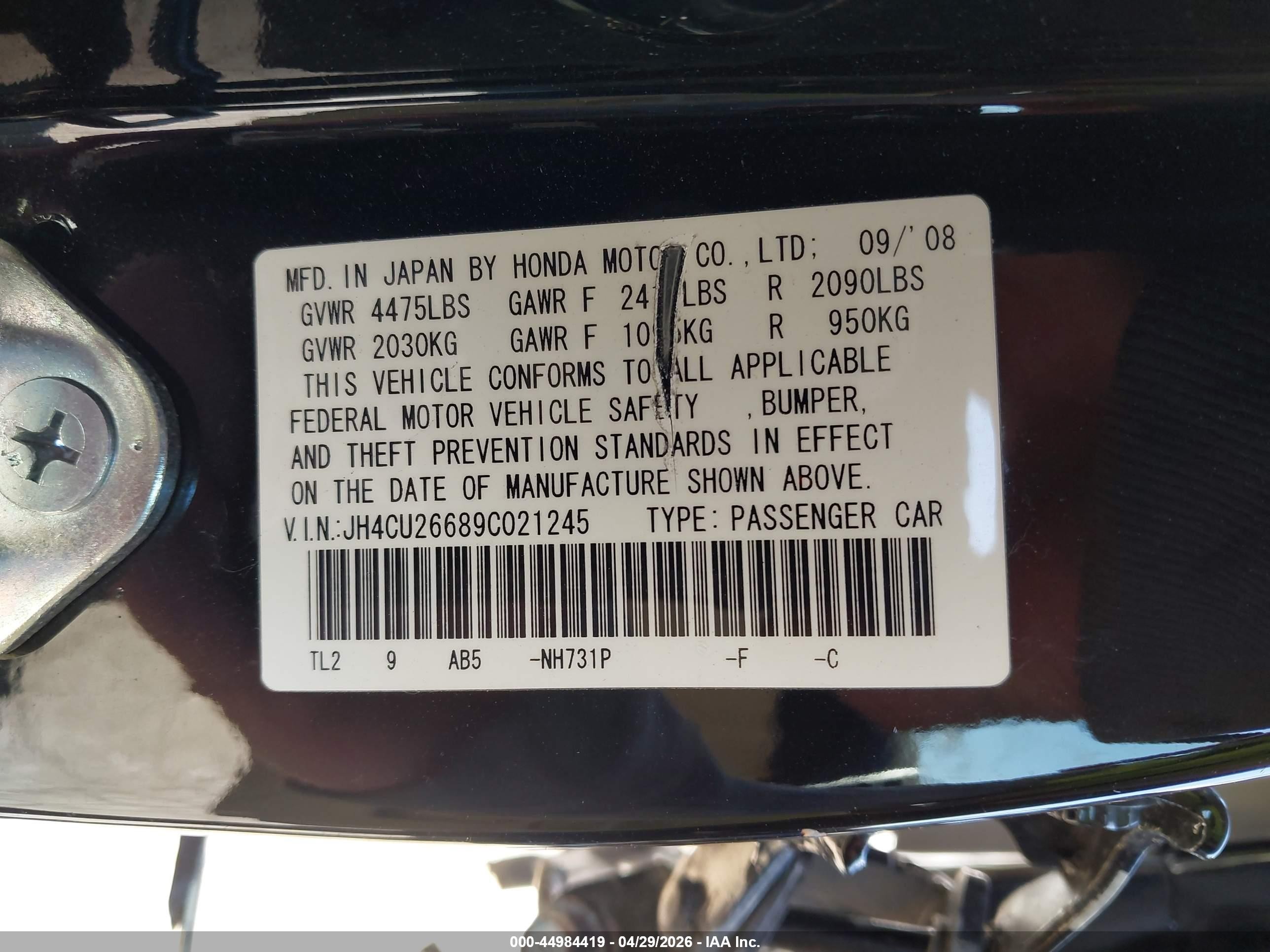 2009 Acura Tsx   Black vin: JH4CU26689C021245