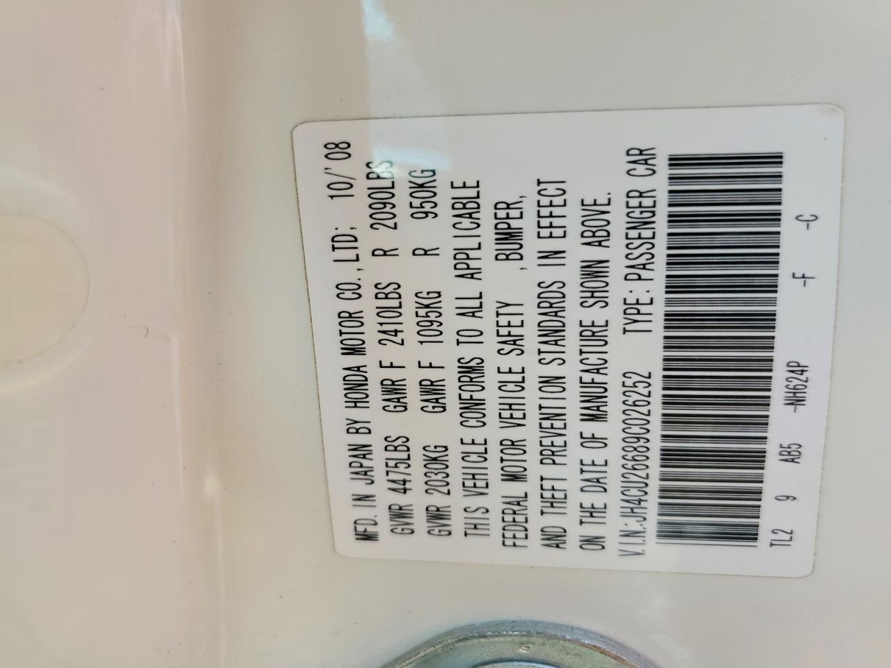 2009 Acura Tsx White vin: JH4CU26689C026252