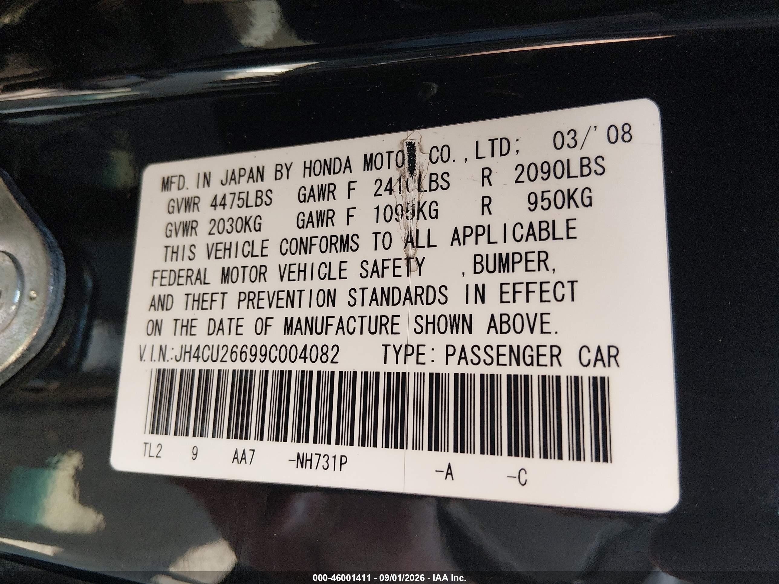 2009 Acura Tsx Black vin: JH4CU26699C004082