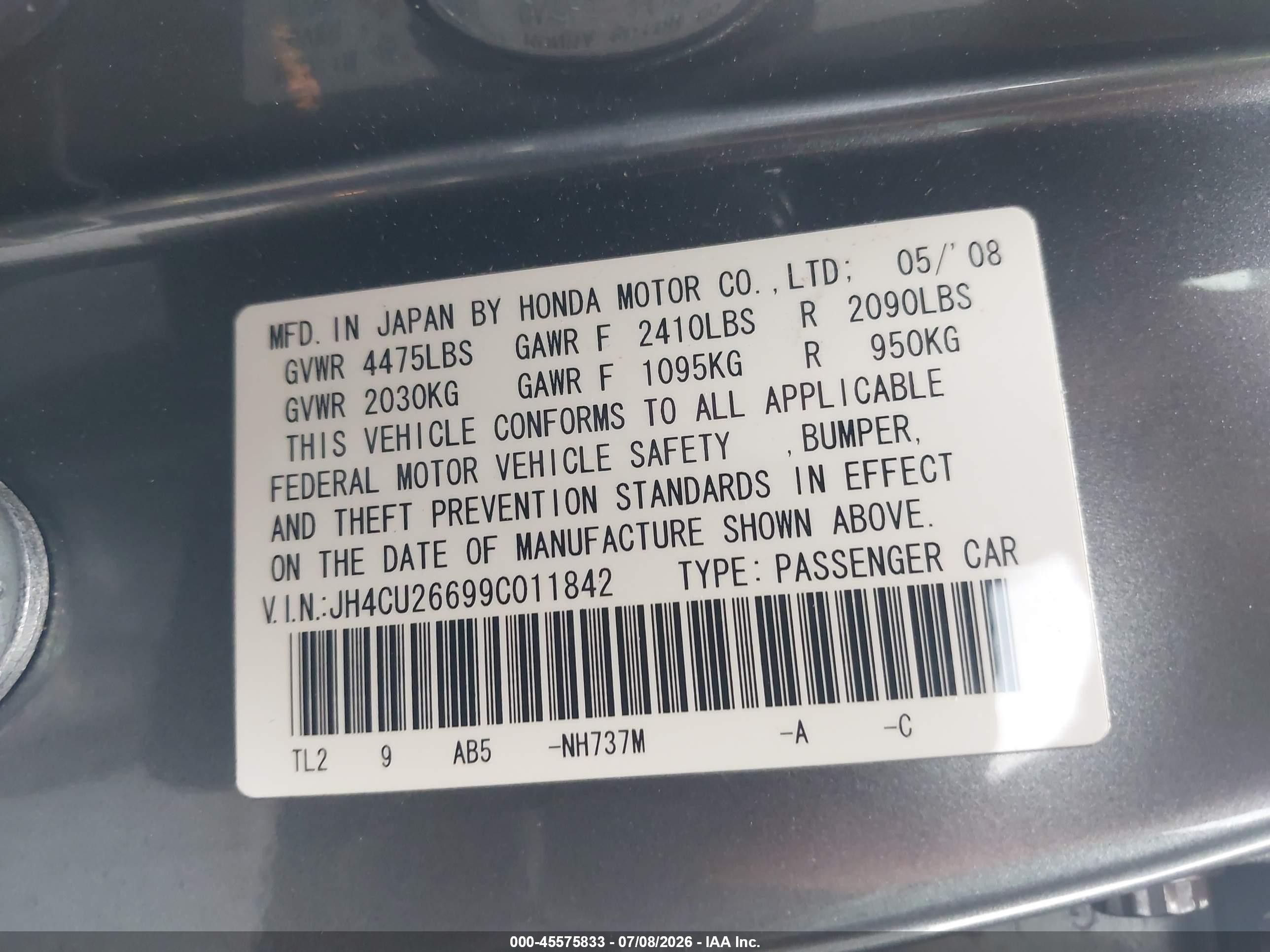 2009 Acura Tsx Gray vin: JH4CU26699C011842