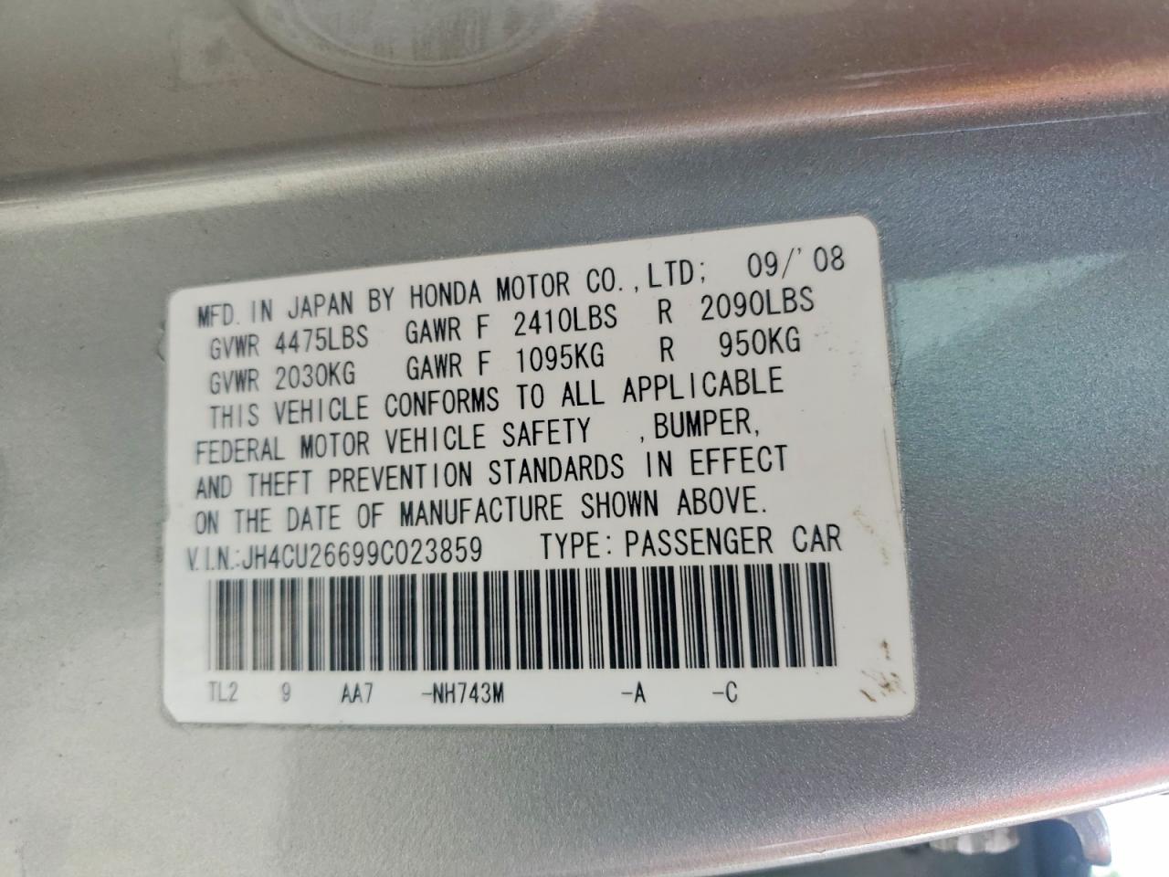 2009 Acura Tsx Silver vin: JH4CU26699C023859